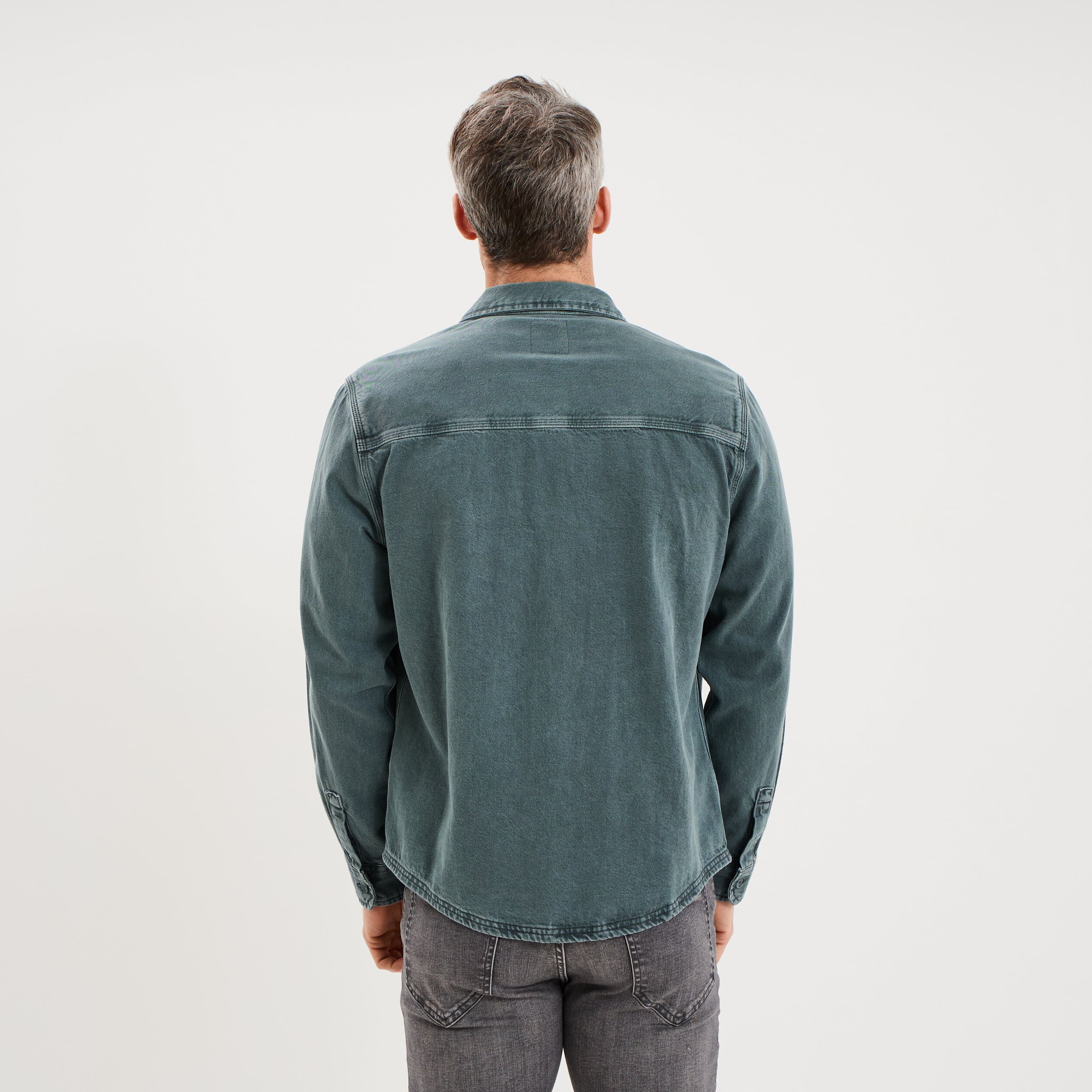 Surchemise en jean coton d&eacute;lav&eacute; vert fonc&eacute; homme
