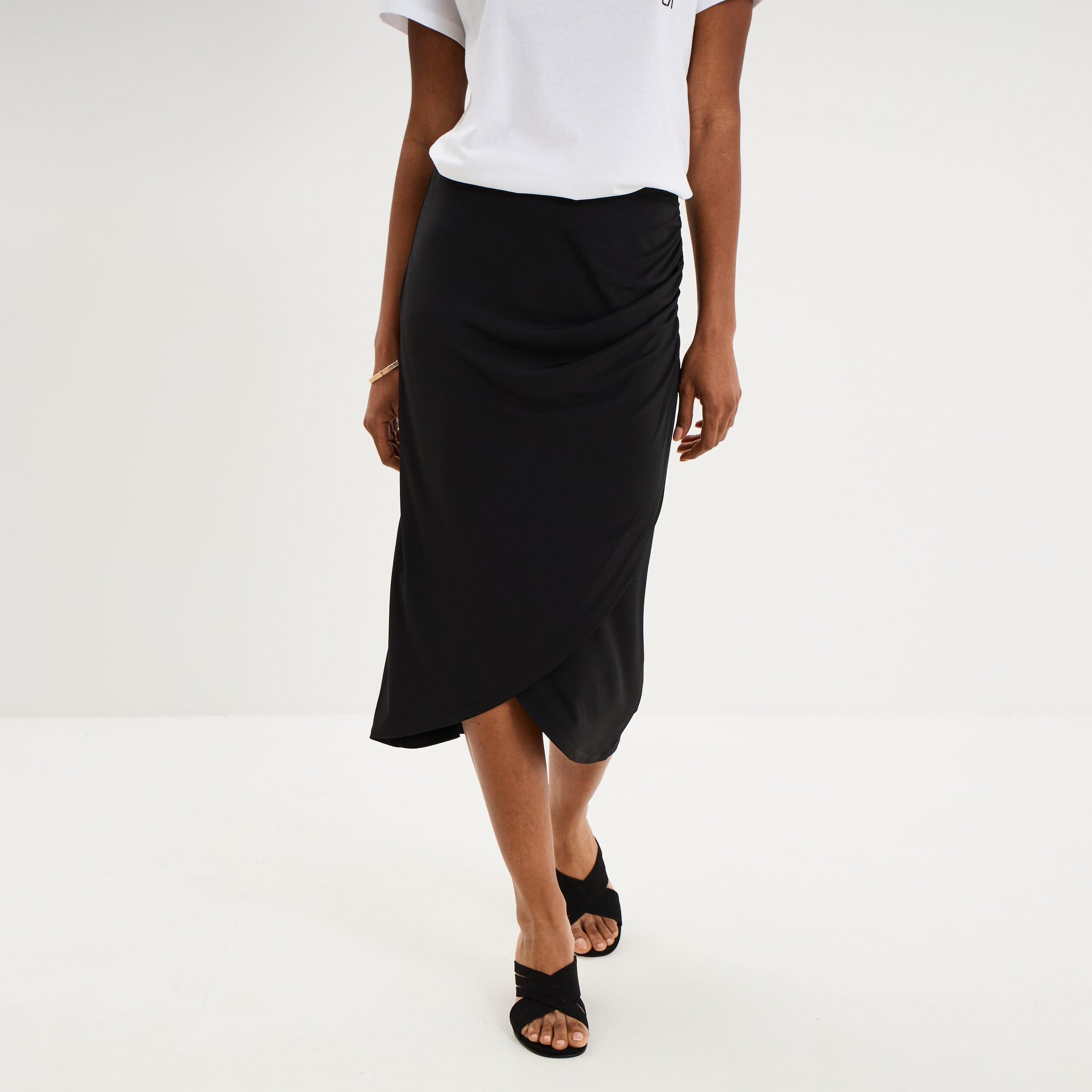 Jupe longue portefeuille stretch noir femme