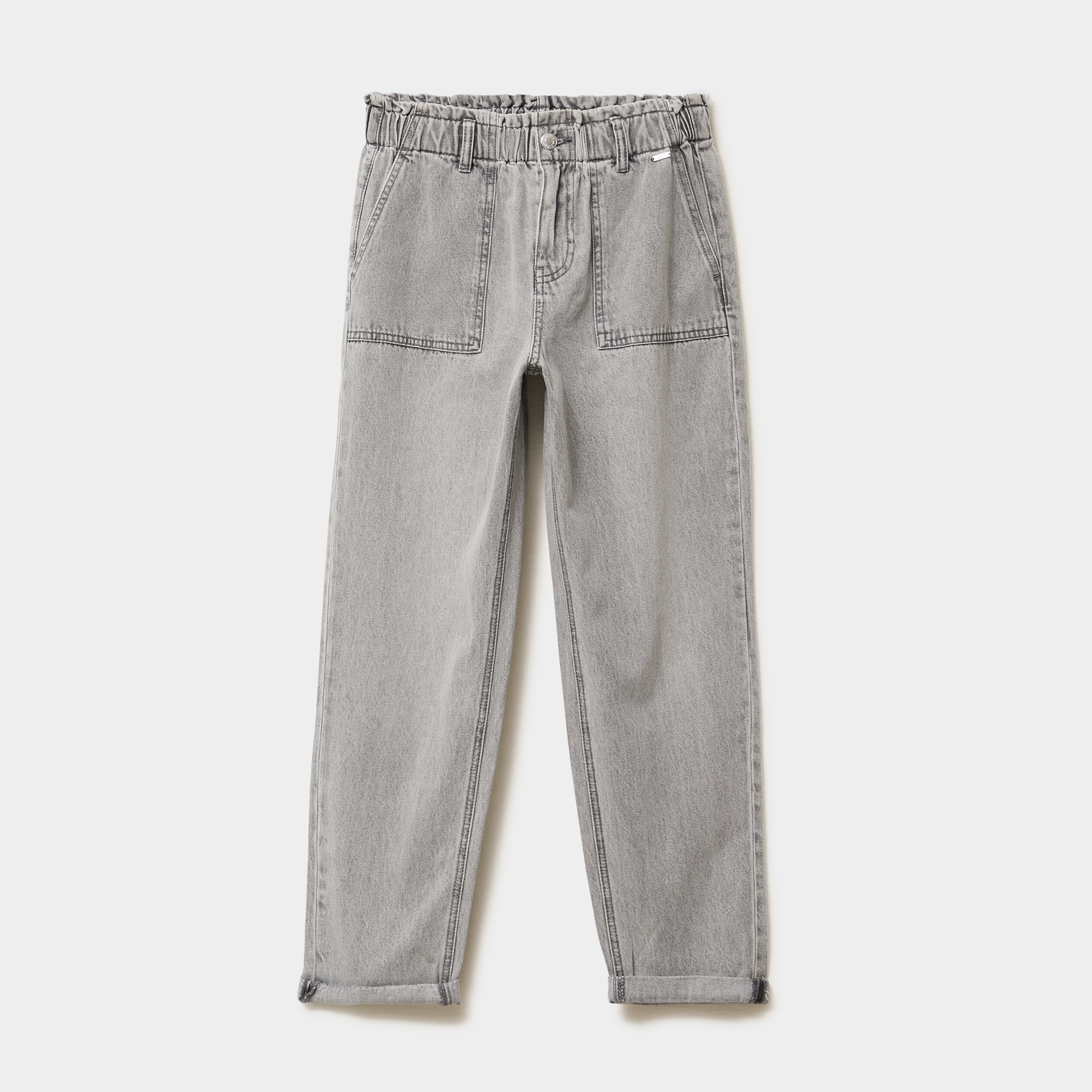 Jean paperbag cropped taille &eacute;lastiqu&eacute;e denim gris femme