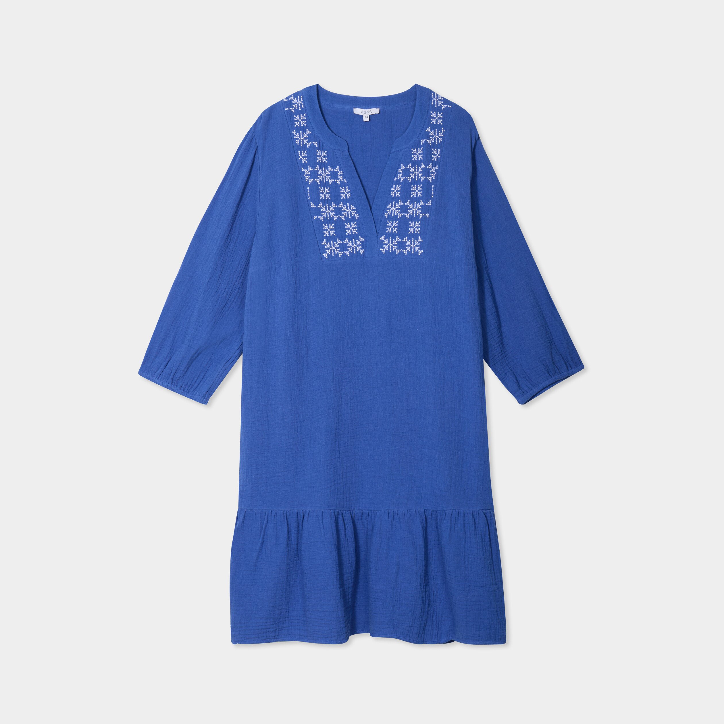 robe brodee evasee gaze de coton bleu roi femmegt Robe brodée évasée gaze de coton bleu roi femme grande taille