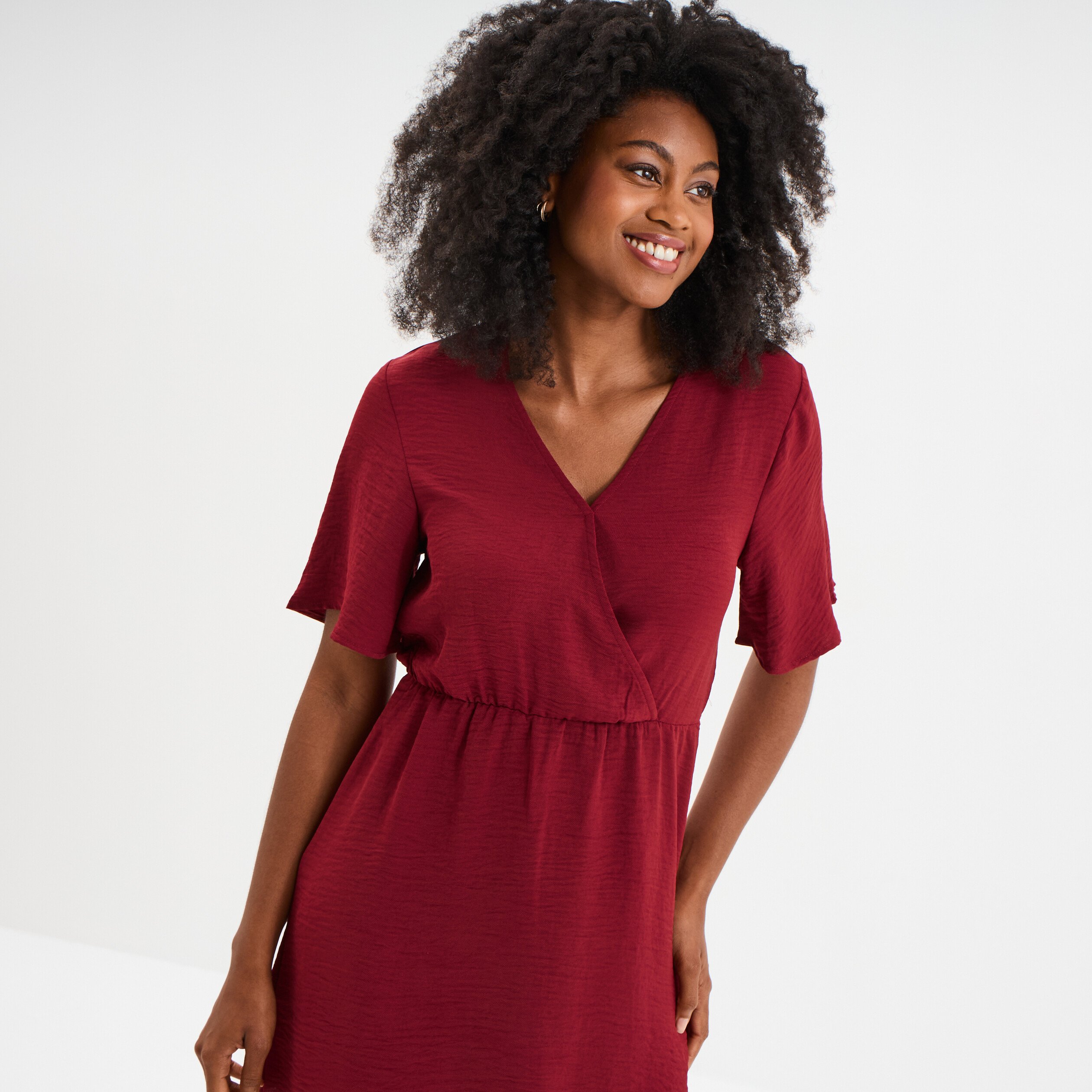robe courte col cache coeur bordeaux femme Robe courte col cache-coeur bordeaux femme