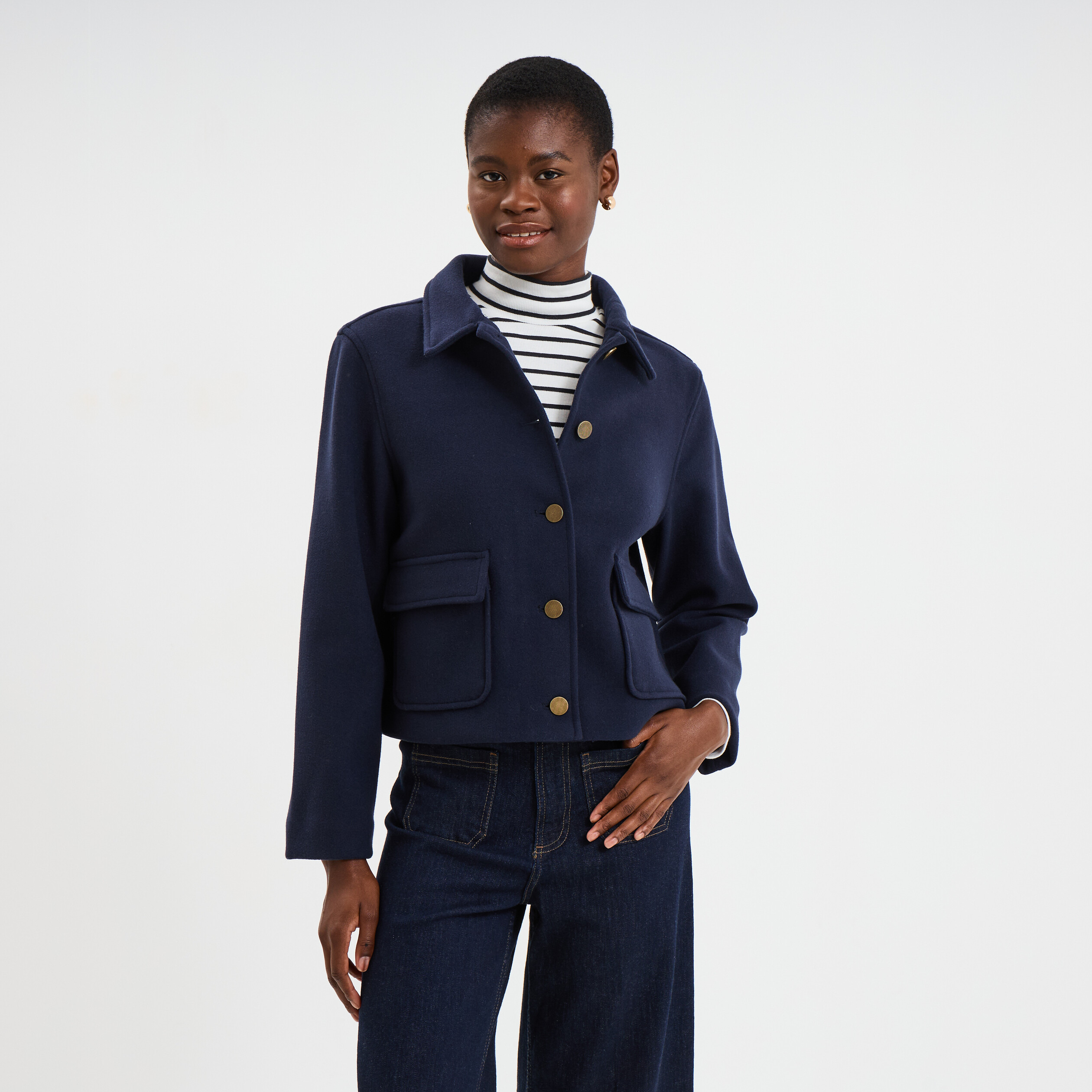 Blouson boutonn&eacute; 2 poches bleu fonc&eacute; femme
