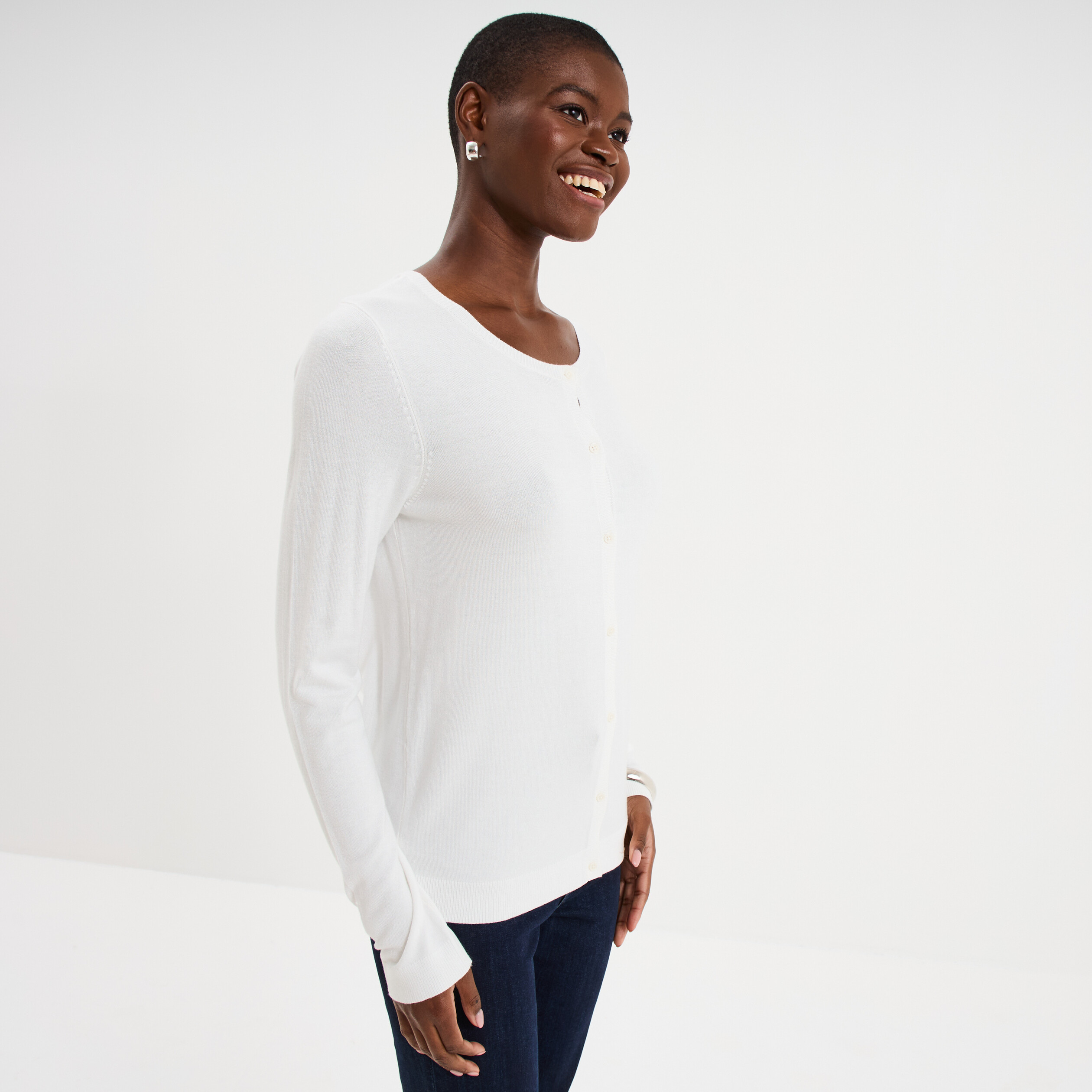 Gilet col rond manches longues blanc femme