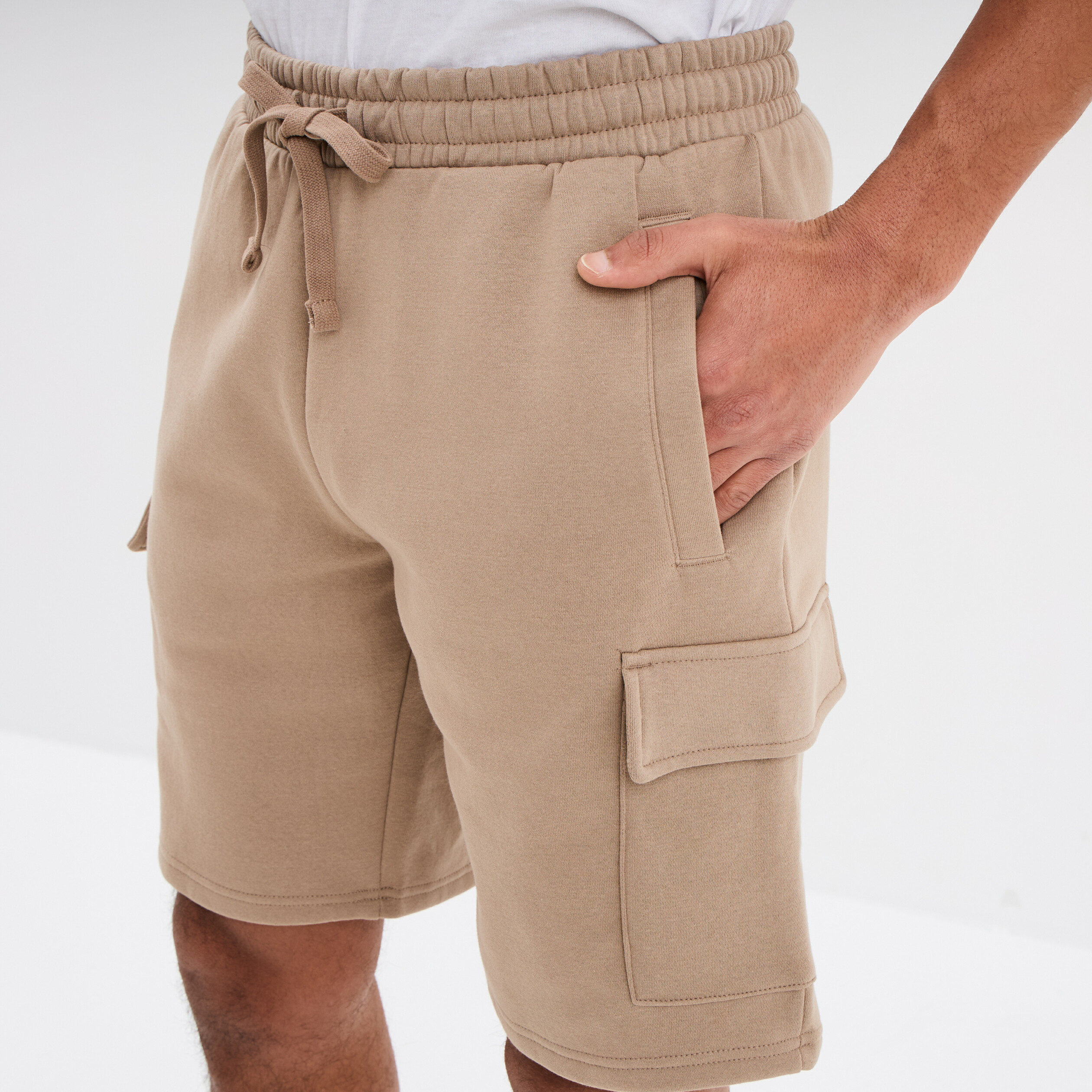 Bermuda cargo molleton taille &eacute;lastiqu&eacute;e taupe homme