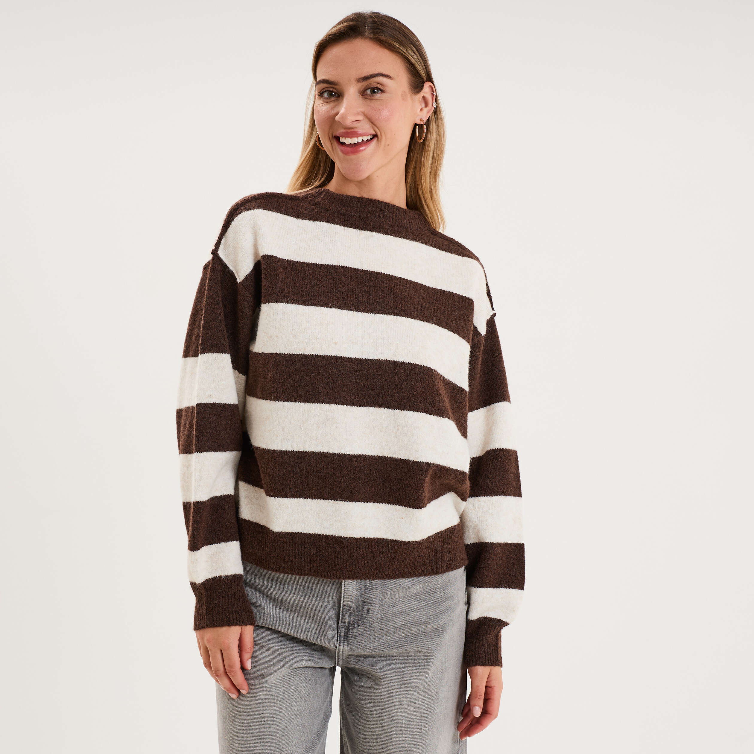 Pull col rond avec manches longues ecru femme