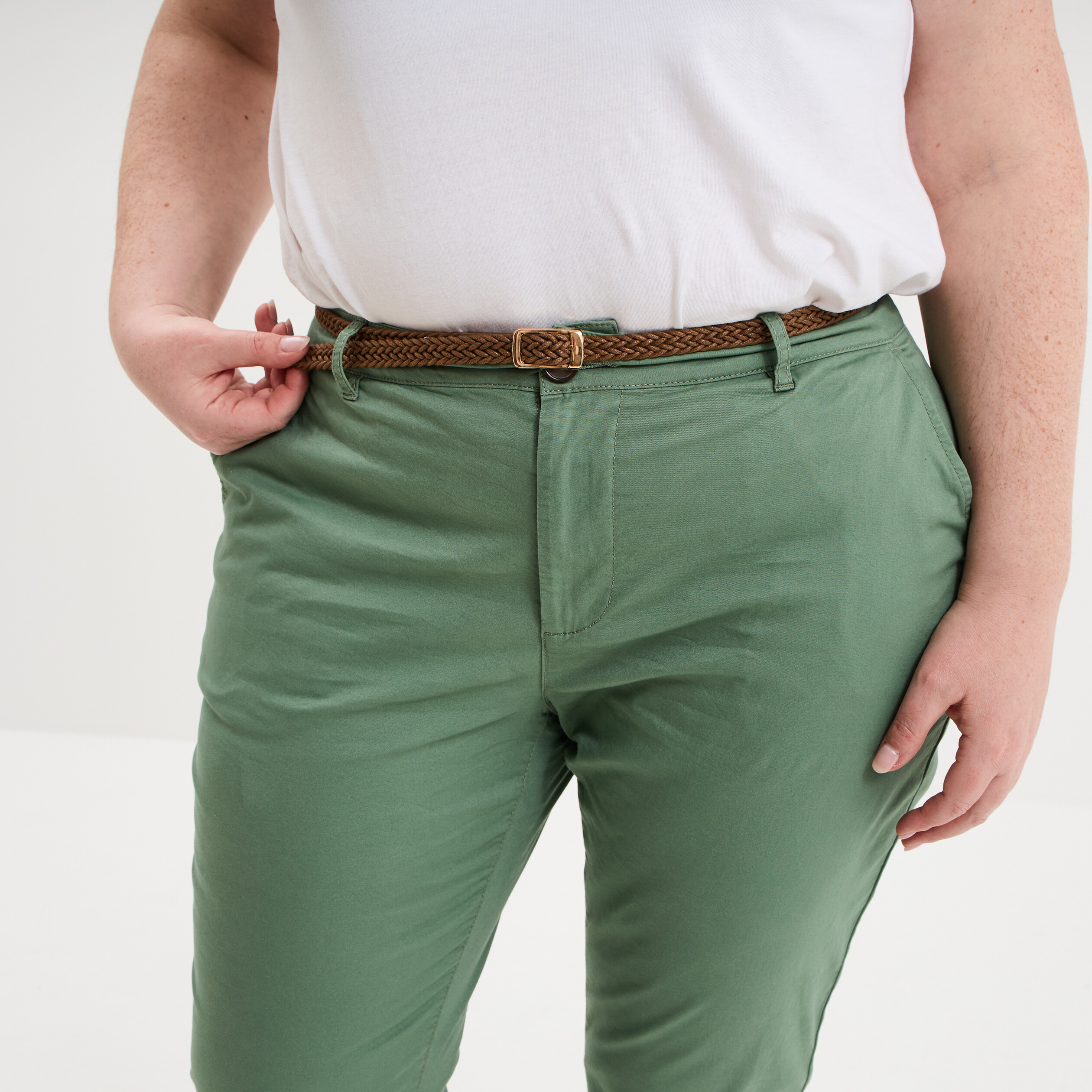 Pantalon chino taille haute coton vert kaki femme grande taille