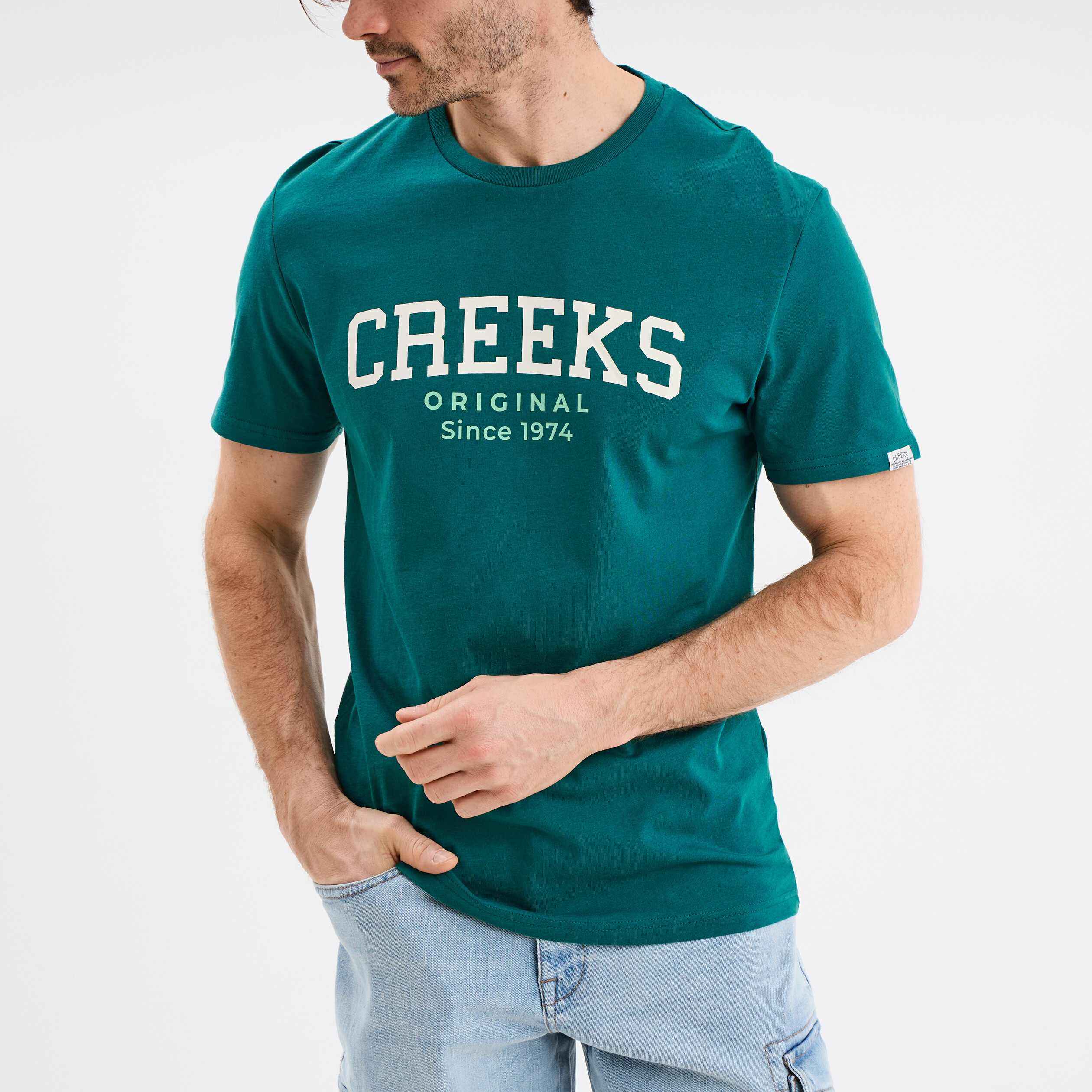 T-shirt col rond manches courtes coton vert &eacute;meraude homme