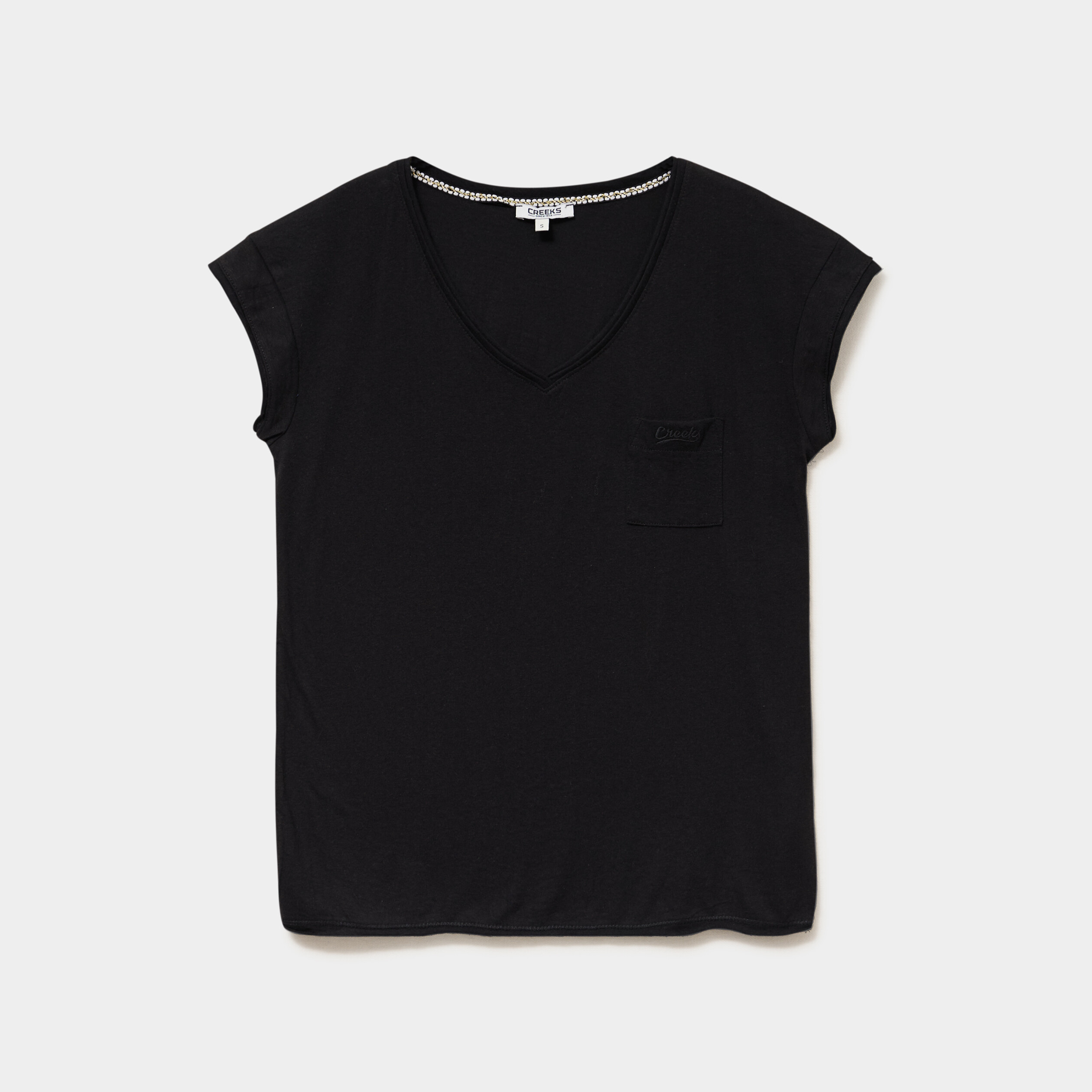 T-shirt col v poche poitrine noir femme