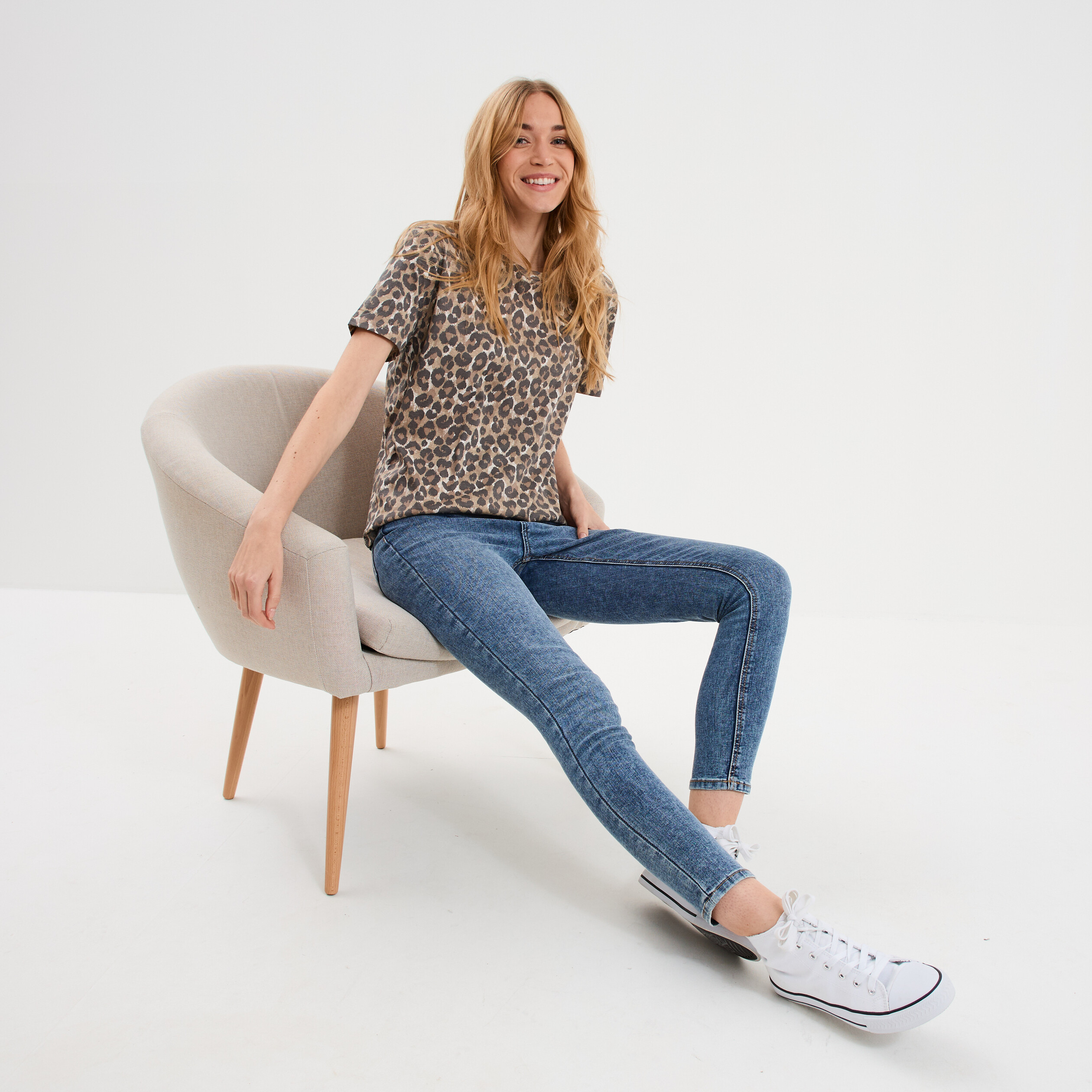 T-shirt coton col rond manches courtes beige fonce femme