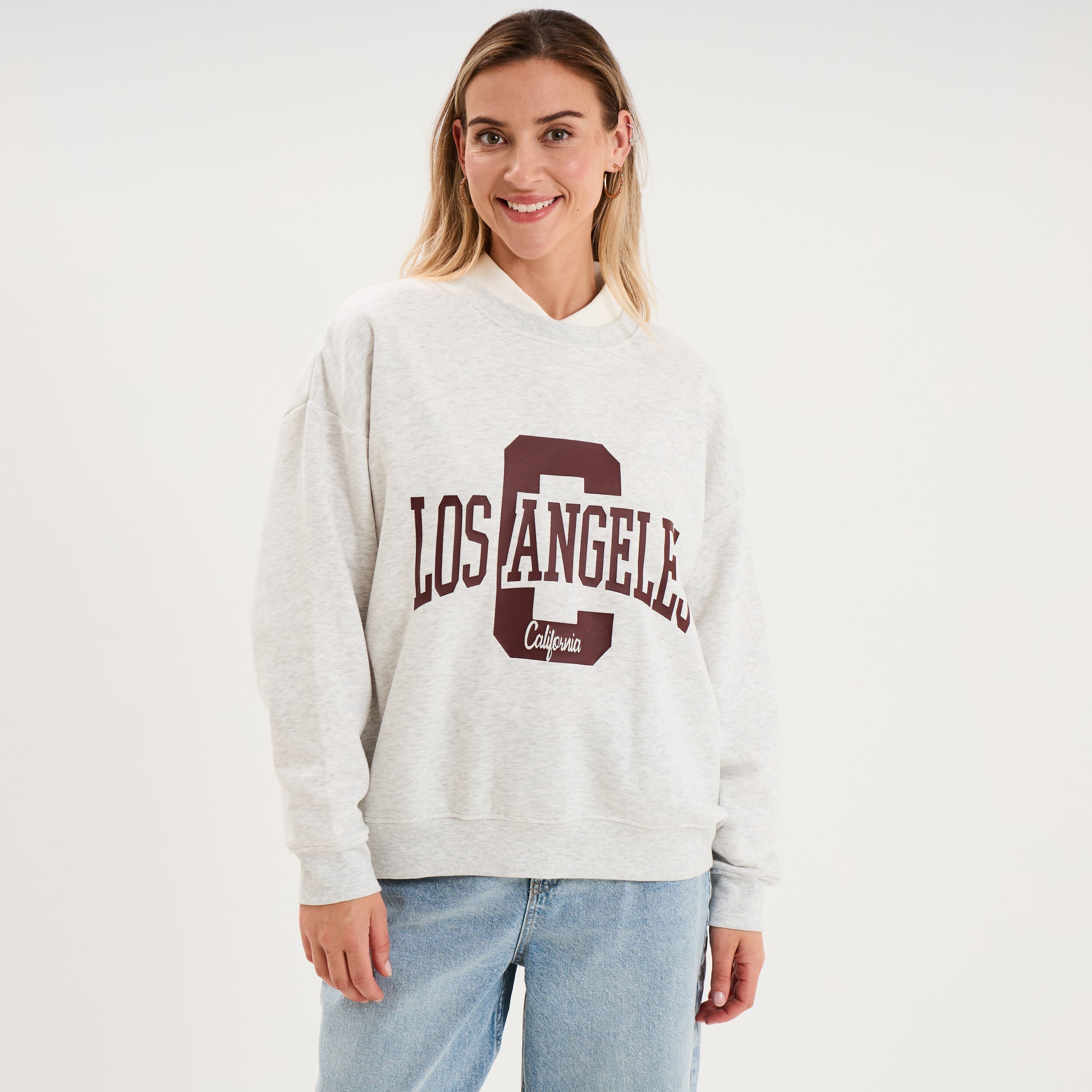 Sweat col rond manches longues gris clair femme