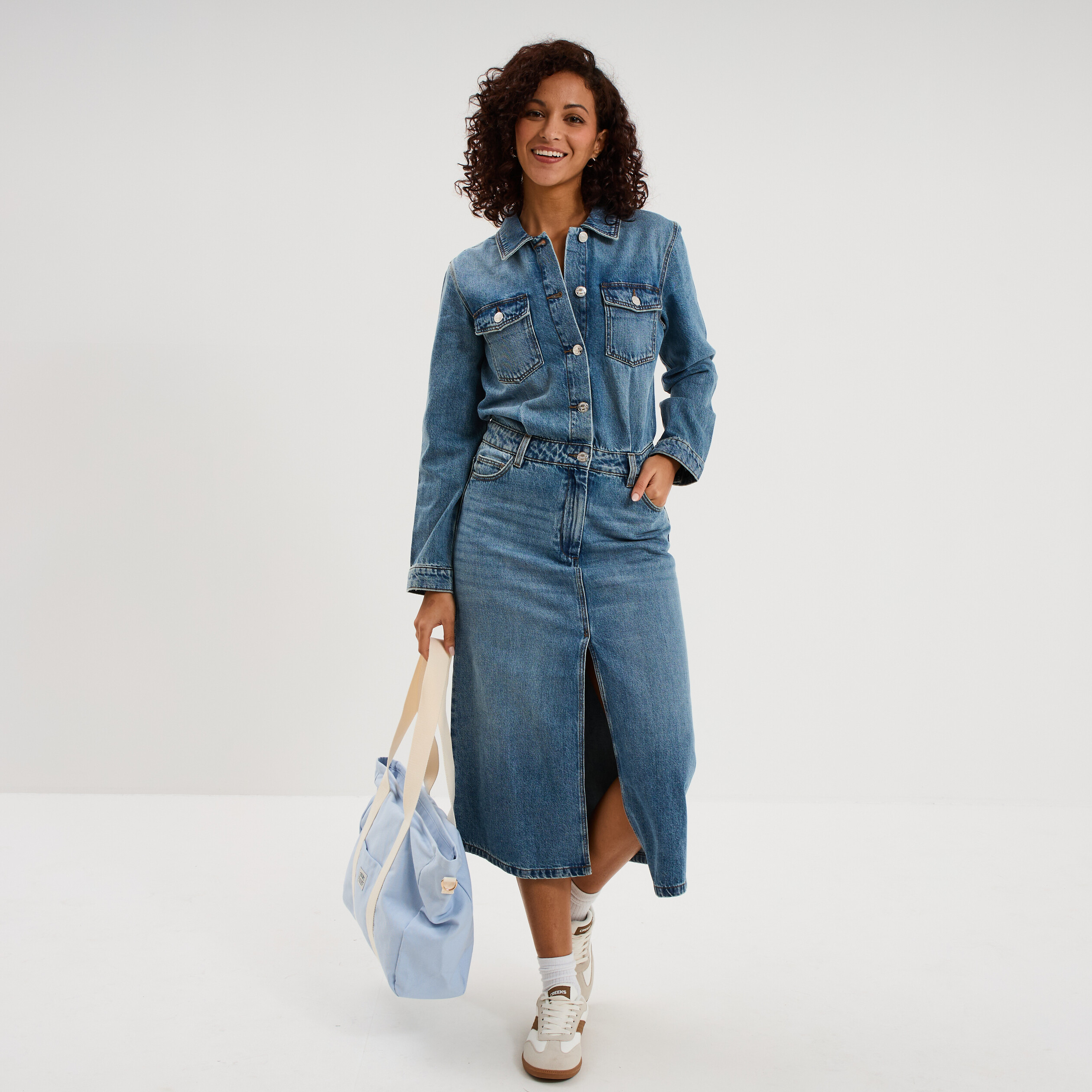 Robe longue en jean manches longues denim double stone femme
