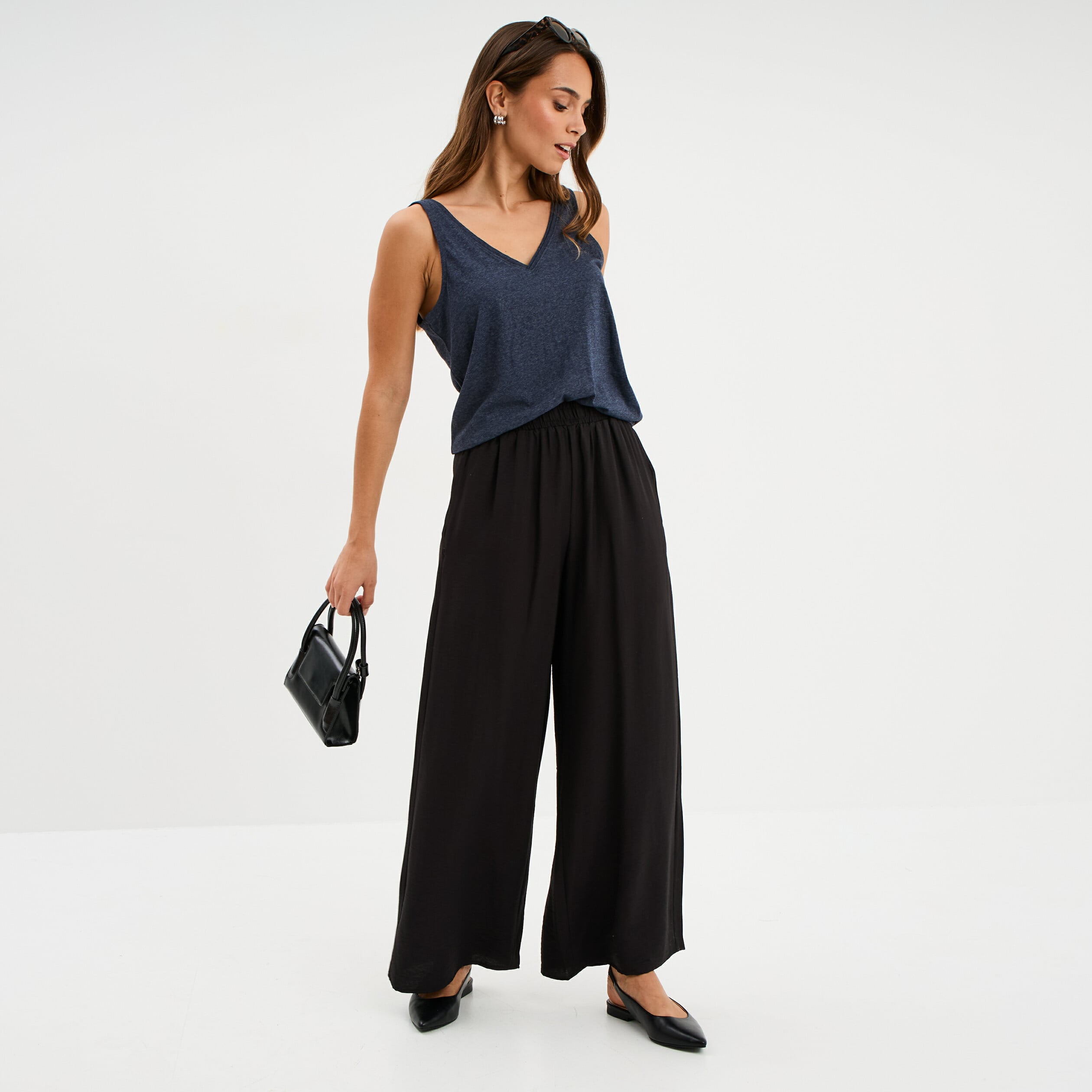 Pantalon large fluide taille &eacute;lastiqu&eacute;e noir femme