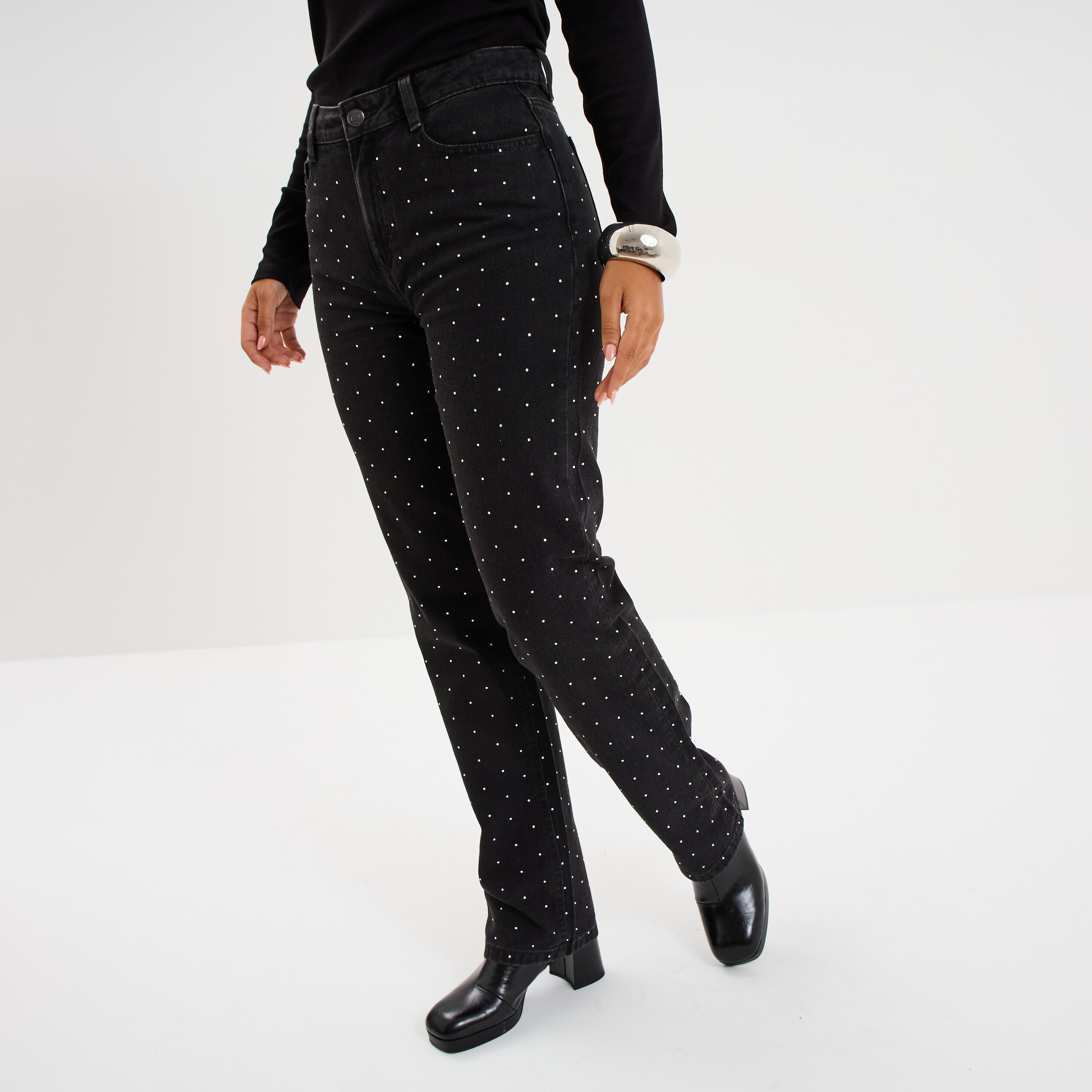 Jean droit &agrave; strass taille haute denim noir femme