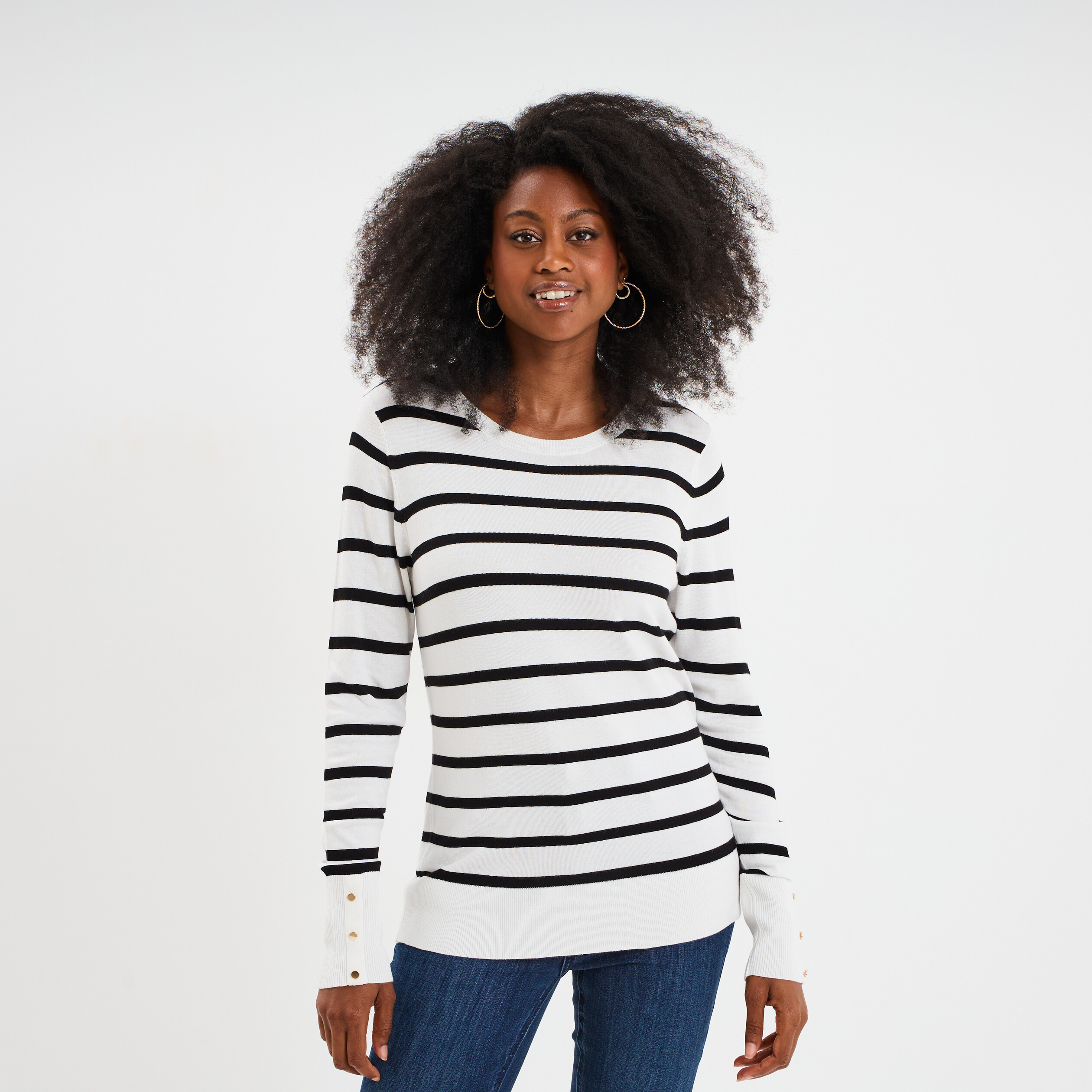 pull col rond boutons aux poignets ecru femme Pull col rond boutons aux poignets ecru femme