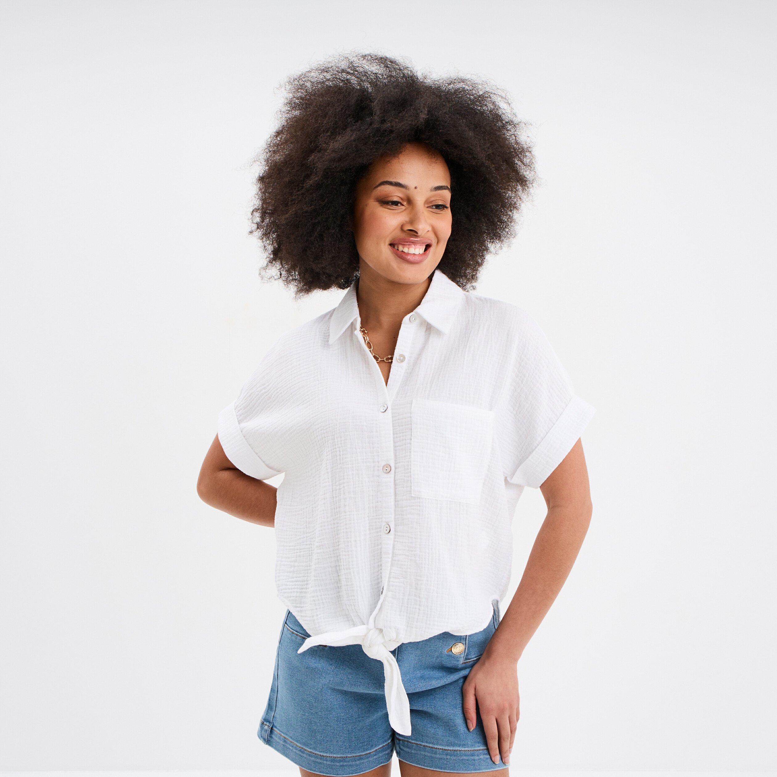 chemise nouee manches courtes gaze coton blanc femme Chemise nouée manches courtes gaze coton blanc femme