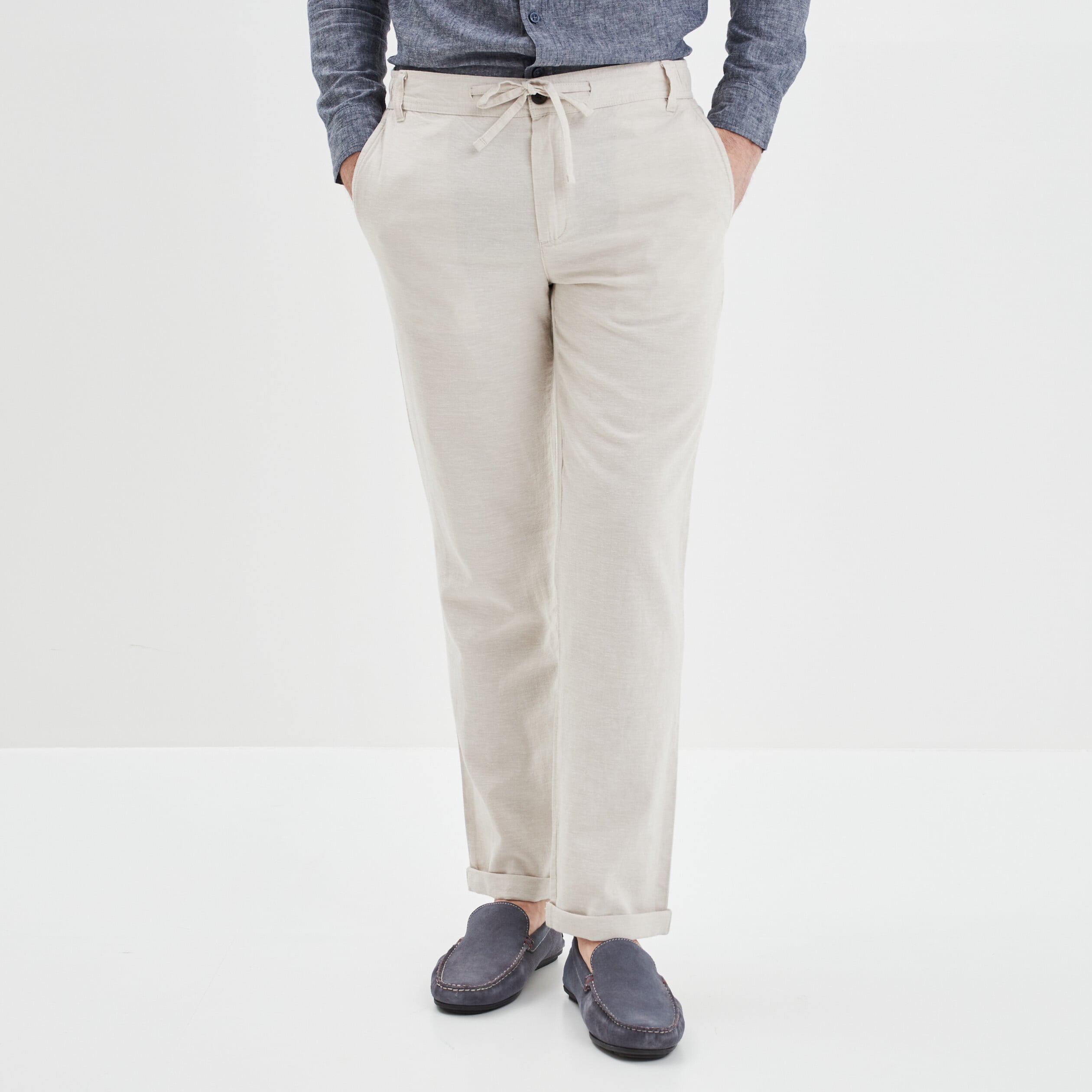 Pantalon chino droit lin m&eacute;lang&eacute; gris clair homme
