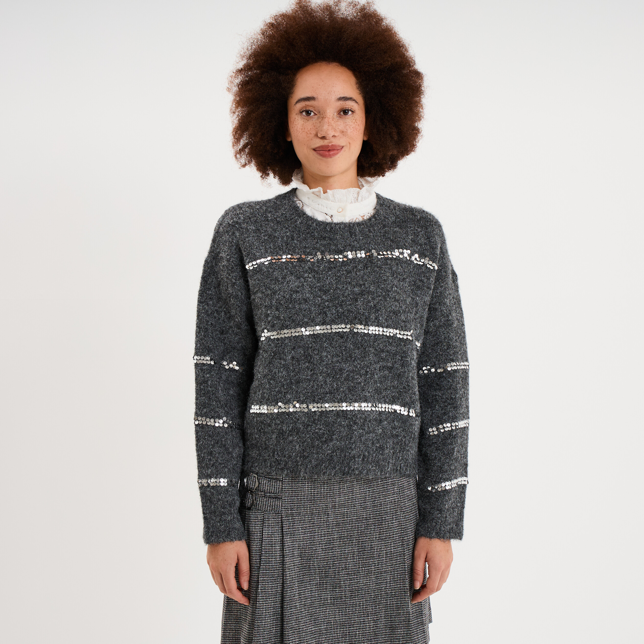Pull col rond &agrave; sequins manches longues gris femme