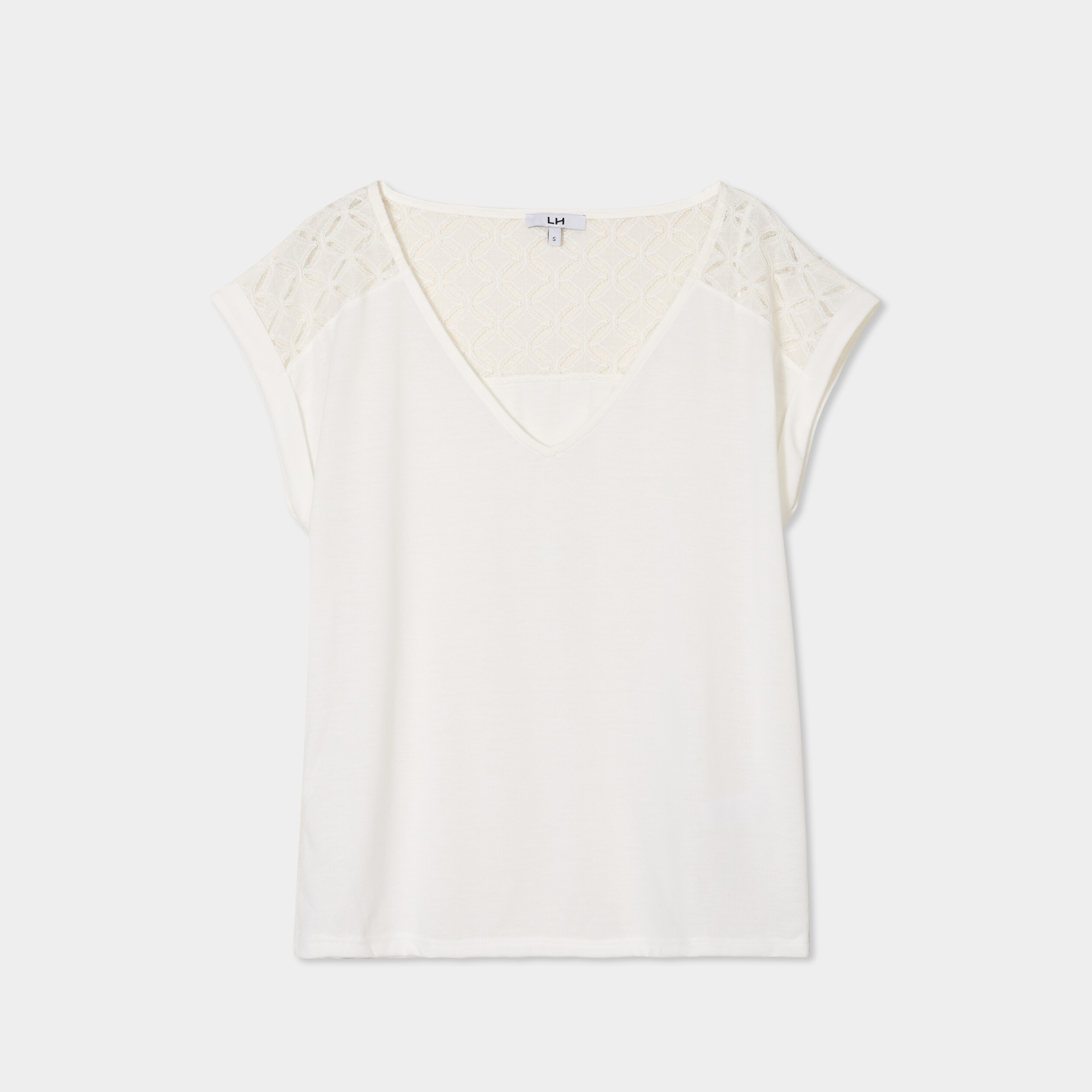 t shirt col en v dentelle epaules et dos blanc femme T-shirt col en V dentelle épaules et dos blanc femme