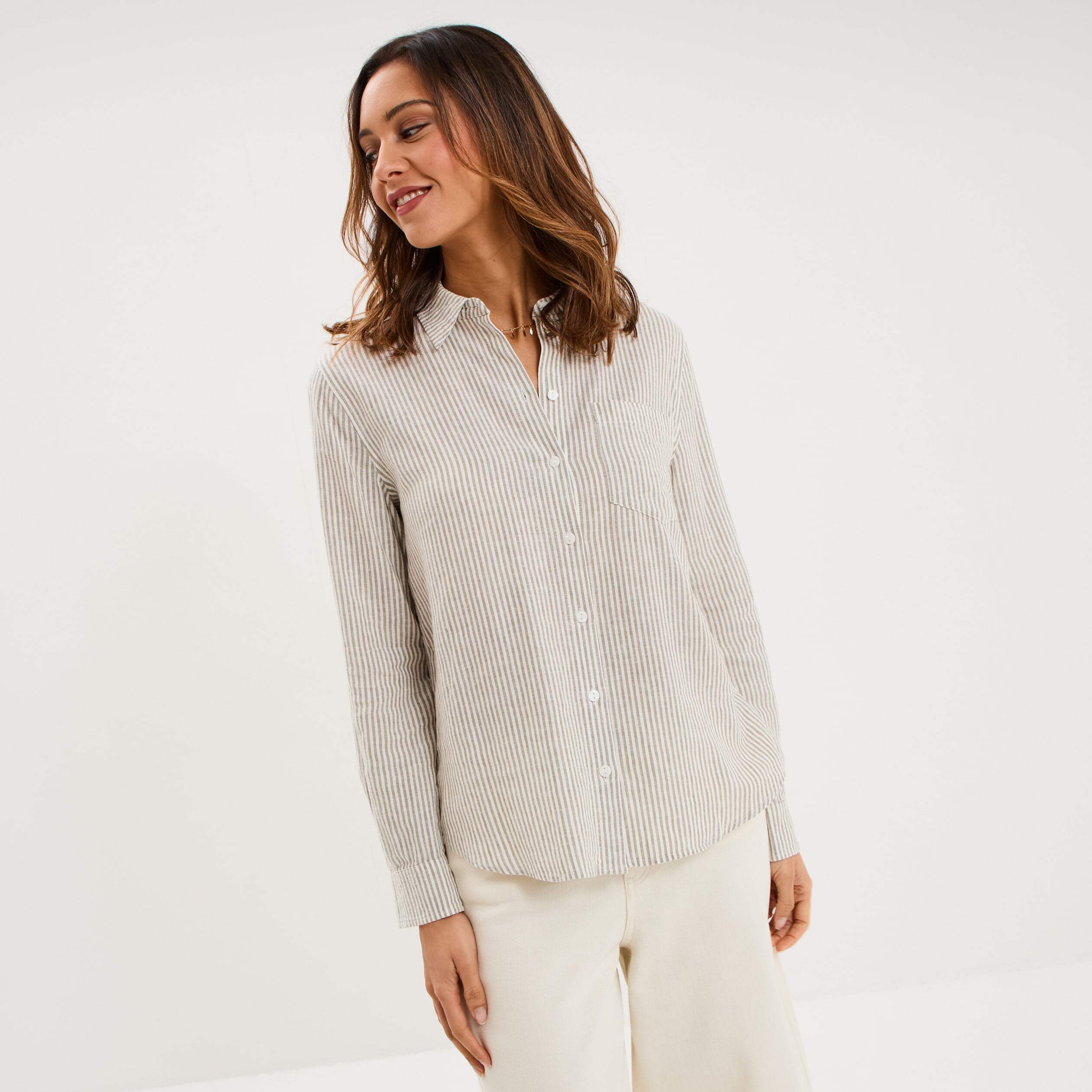 Chemise lin m&eacute;lang&eacute; manches longues blanc femme