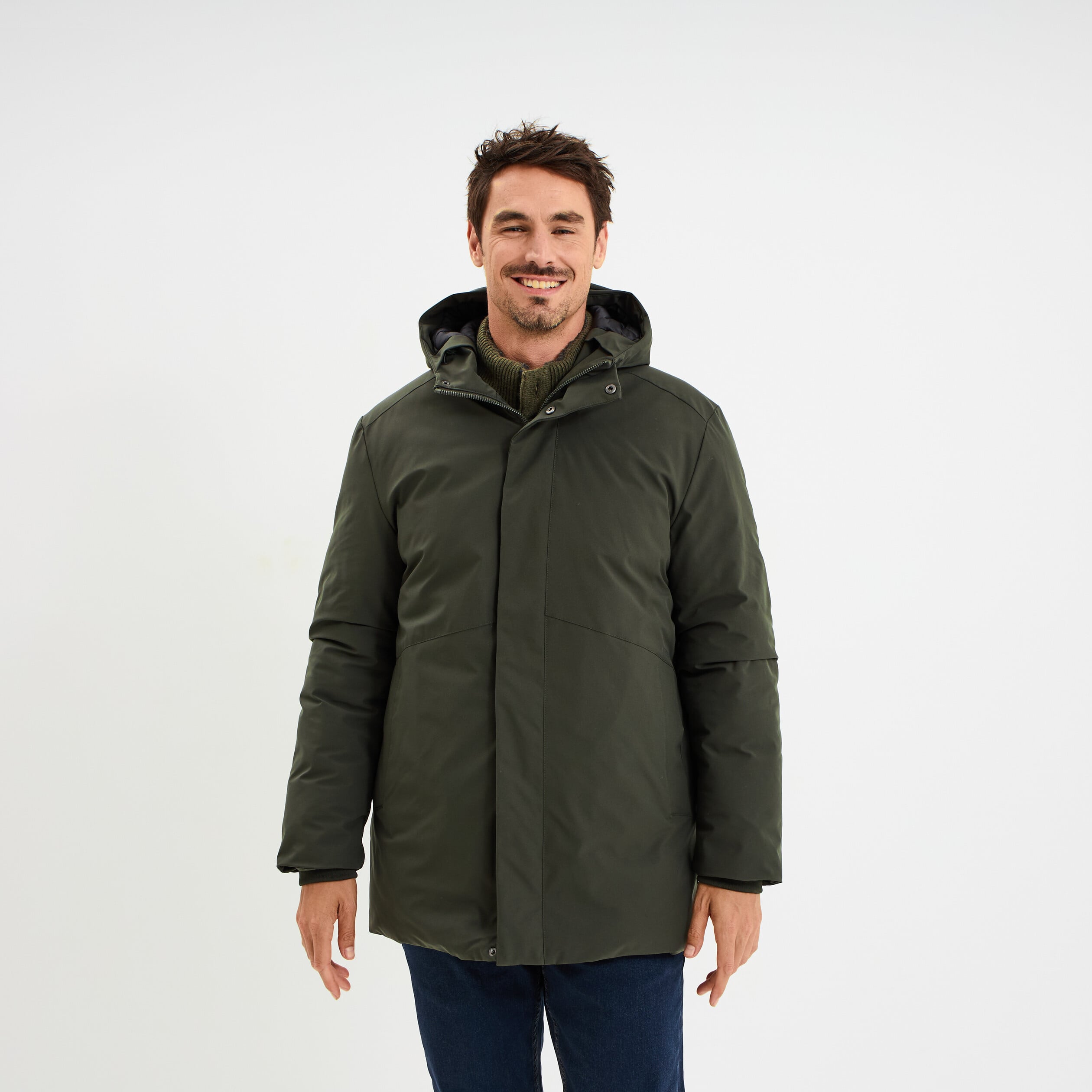Parka mi-longue &agrave; capuche vert kaki homme