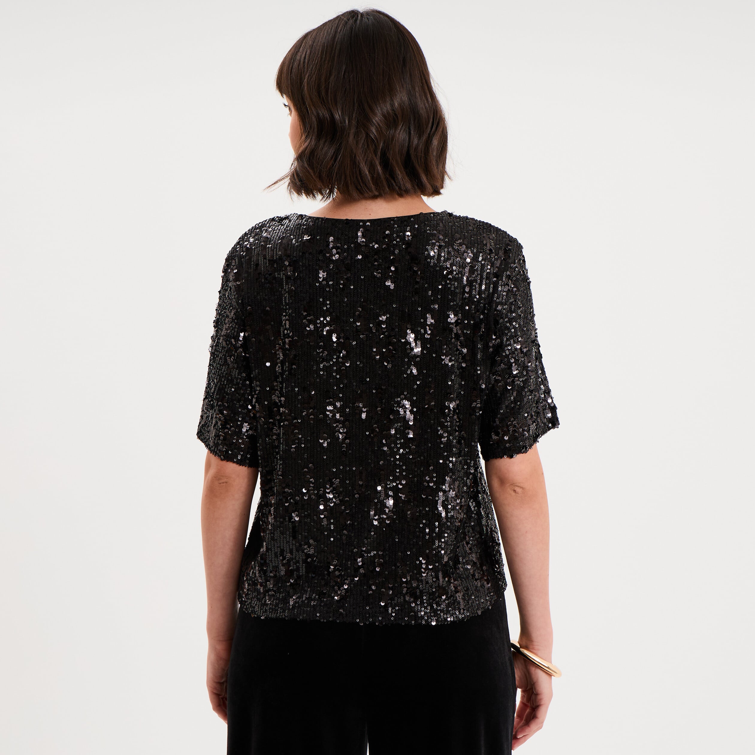 T-shirt &agrave; sequins manches courtes noir femme