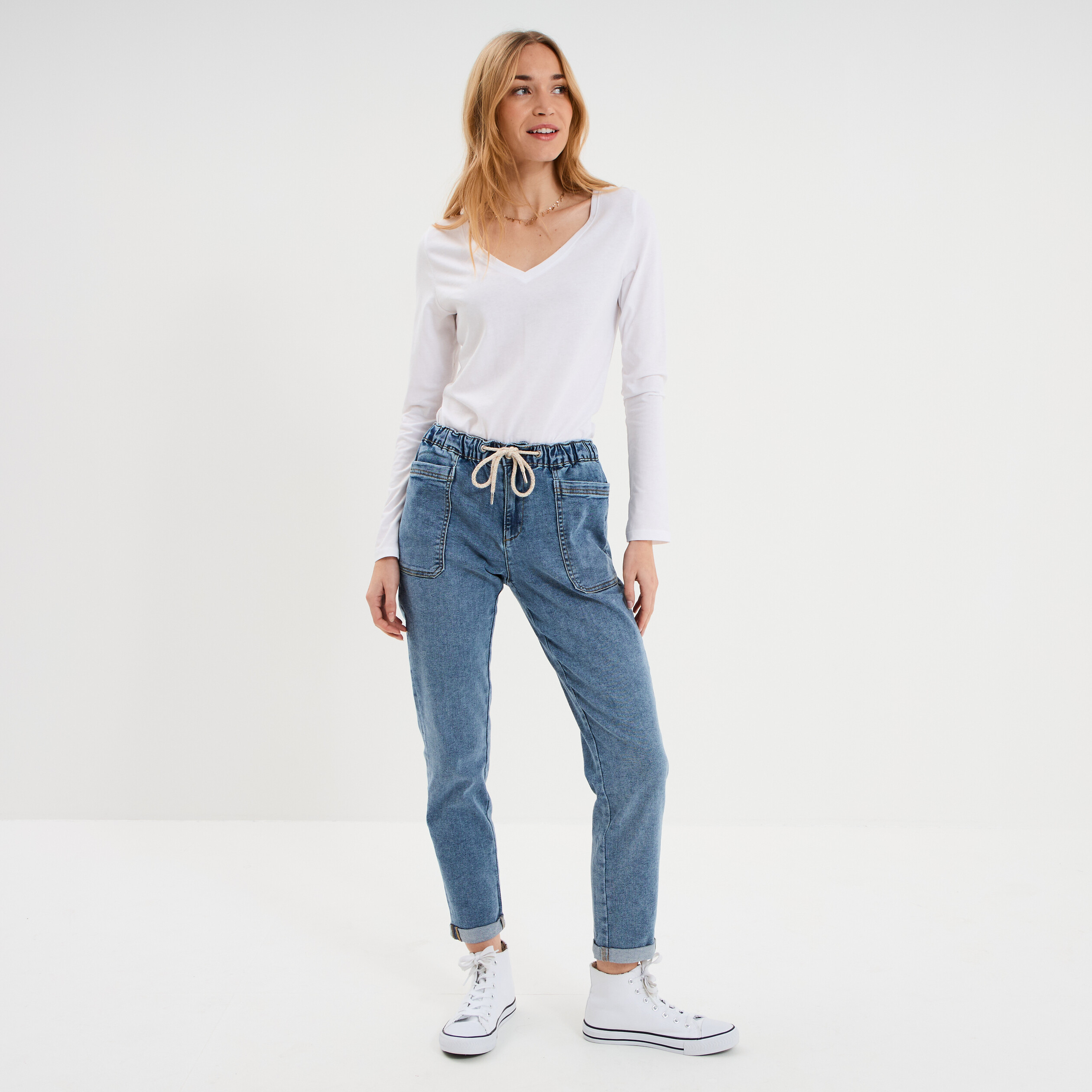 T-shirt col en V manches longues coton blanc femme