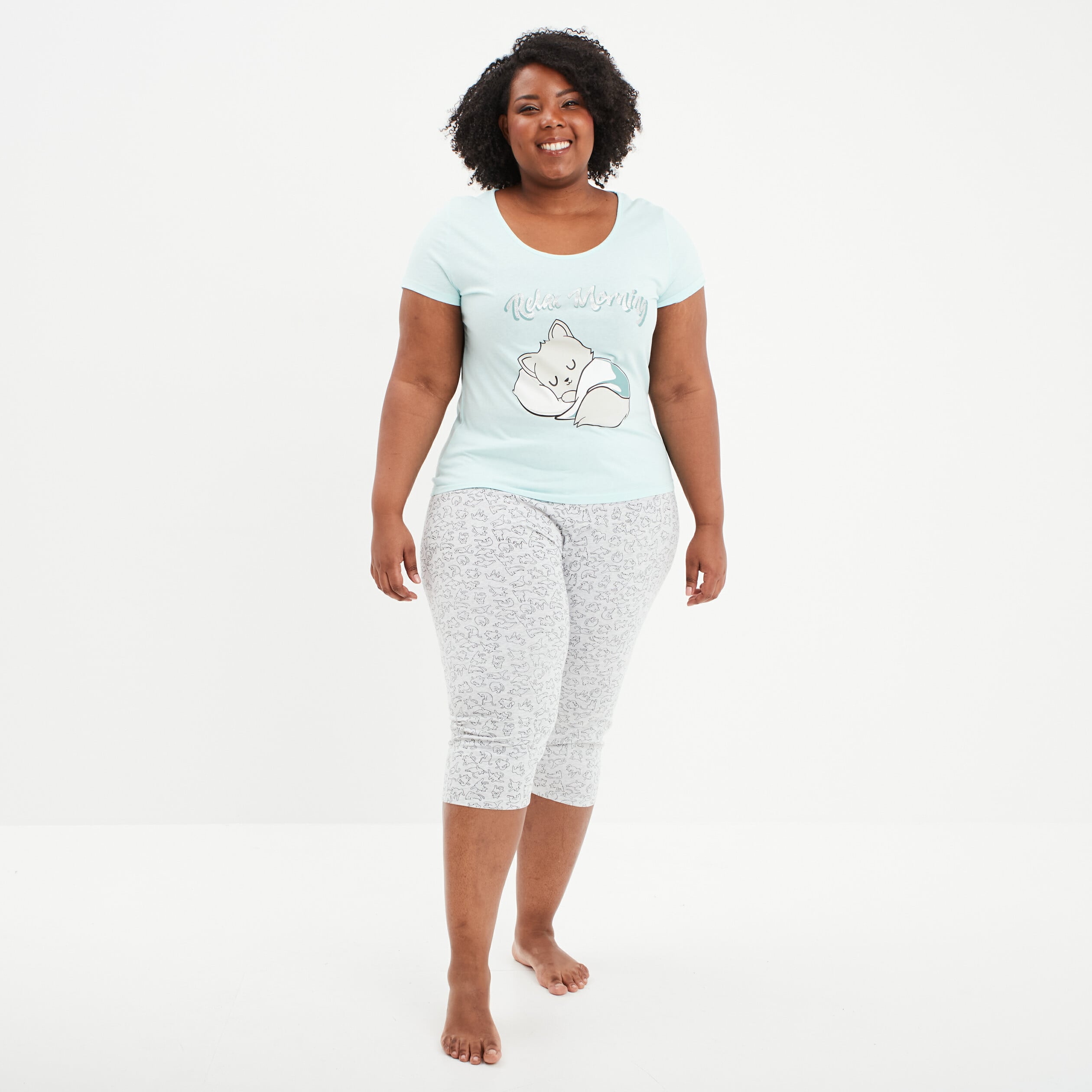 Ensemble pyjama corsaire 2 pi&egrave;ces bleu turquoise femme grande taille