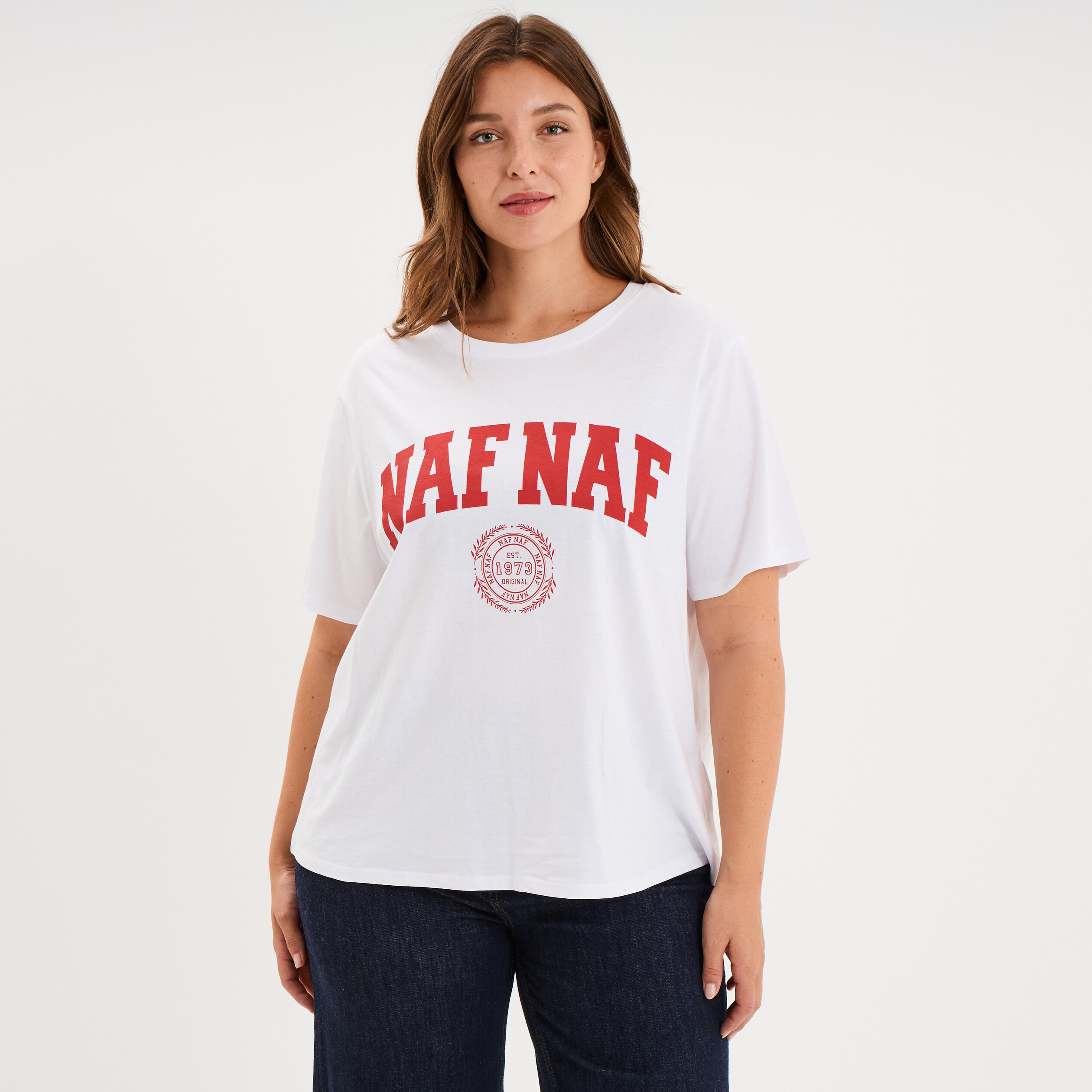 T-shirt loose logo NAF NAF floqu&eacute; blanc femme grande taille