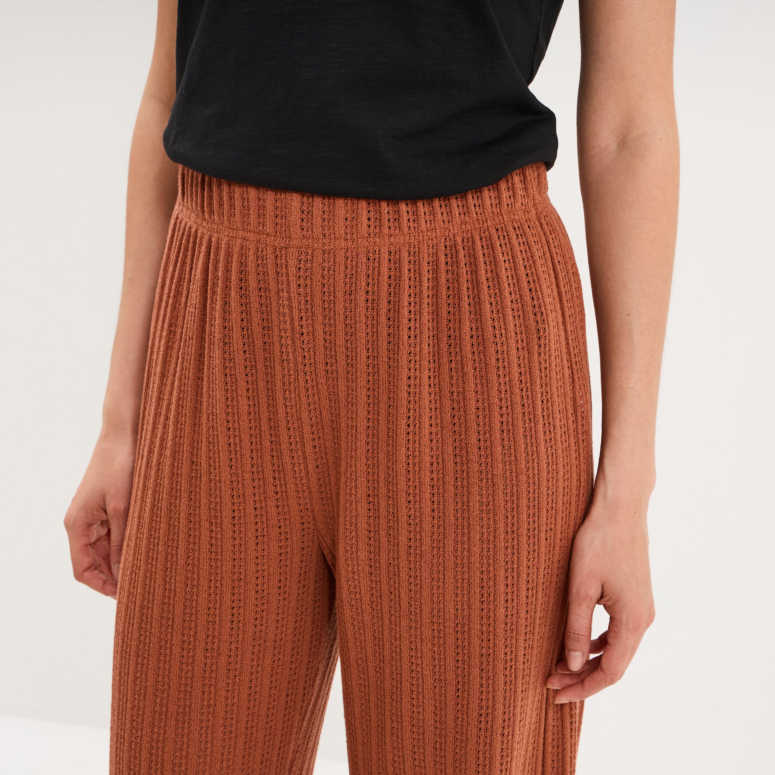 Pantalon large effet crochet &eacute;lastiqu&eacute; camel femme