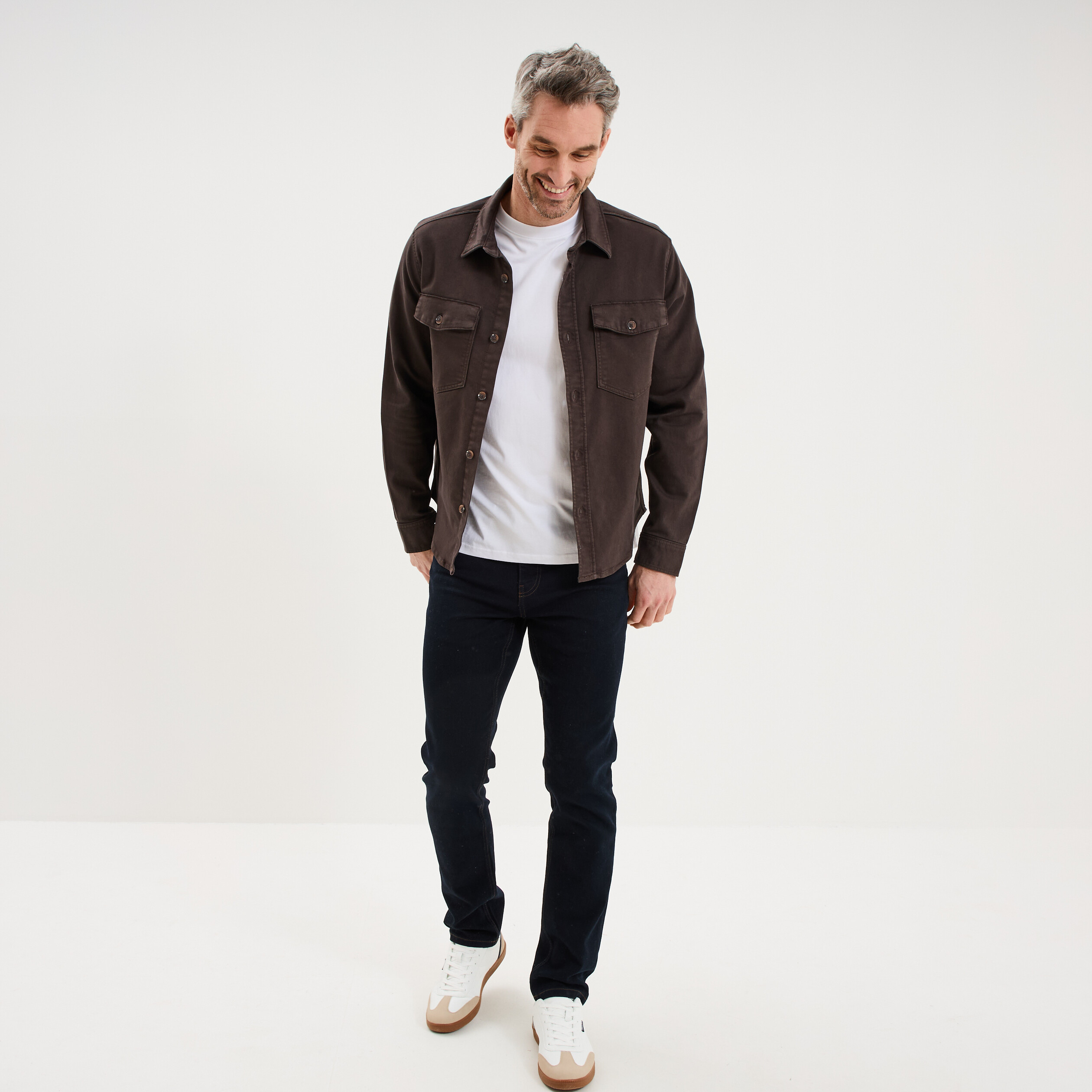 Surchemise droite m&eacute;lange coton stretch marron fonc&eacute; homme