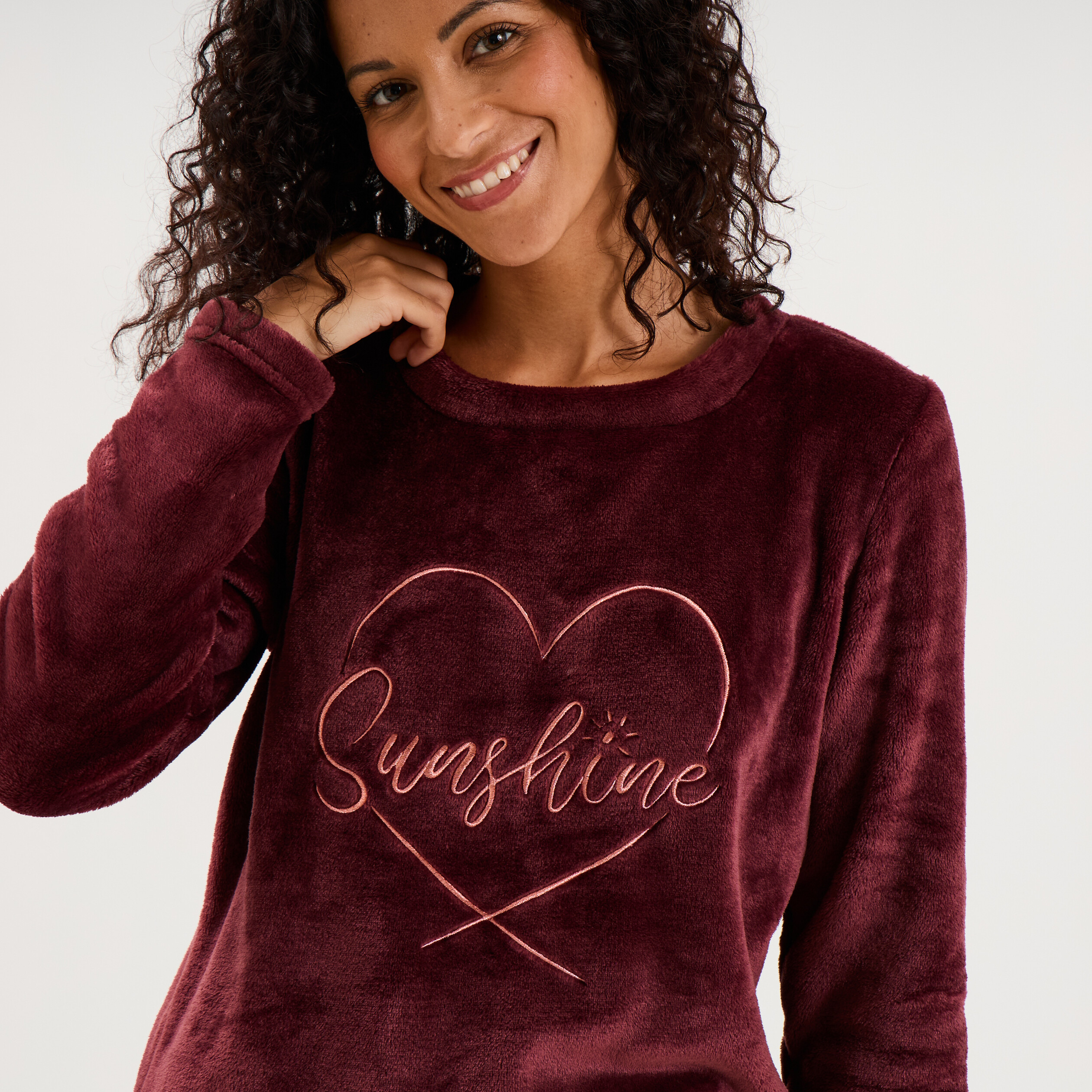 Ensemble pyjama effet polaire 3 pi&egrave;ces bordeaux femme