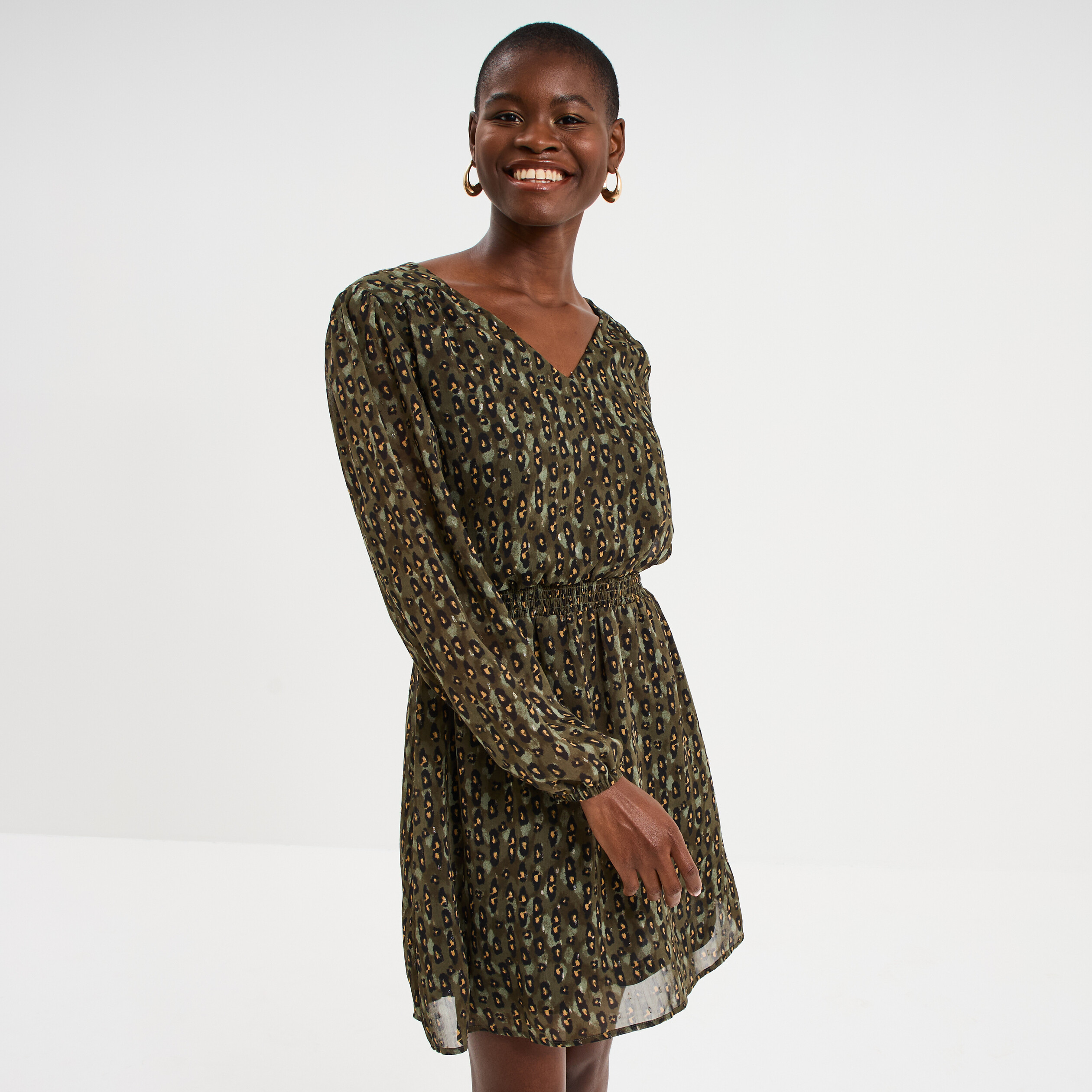 Robe fluide manches longues vert kaki femme