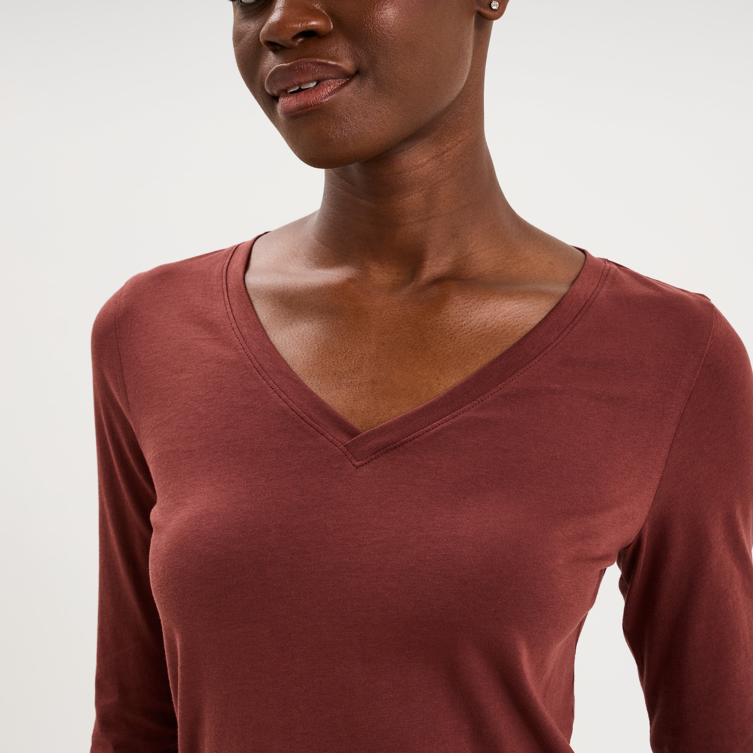 T-shirt col en V manches longues coton bordeaux femme