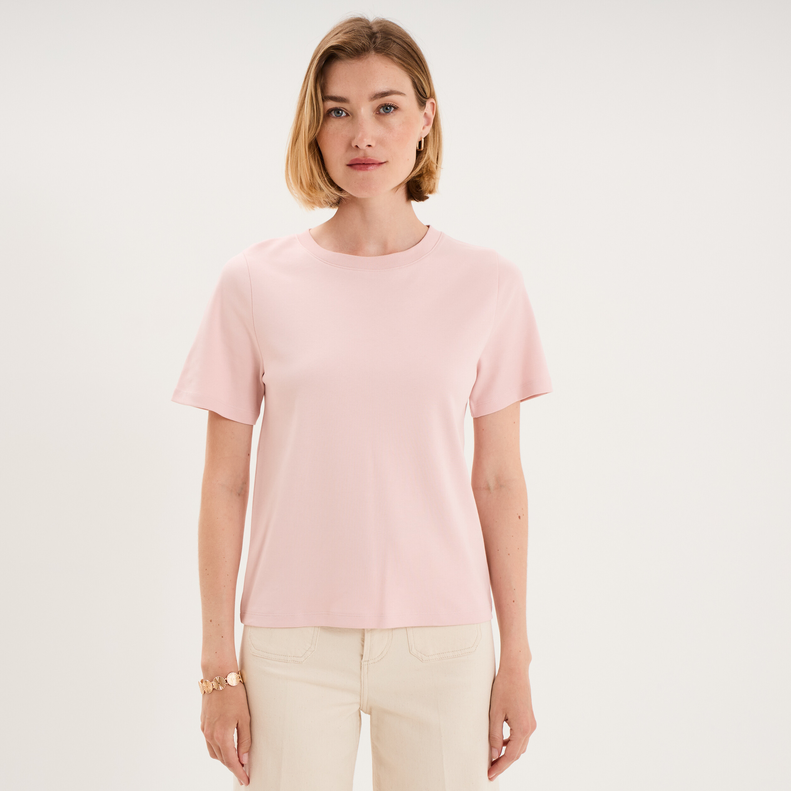 T-shirt manches courtes col rond coton rose pastel femme