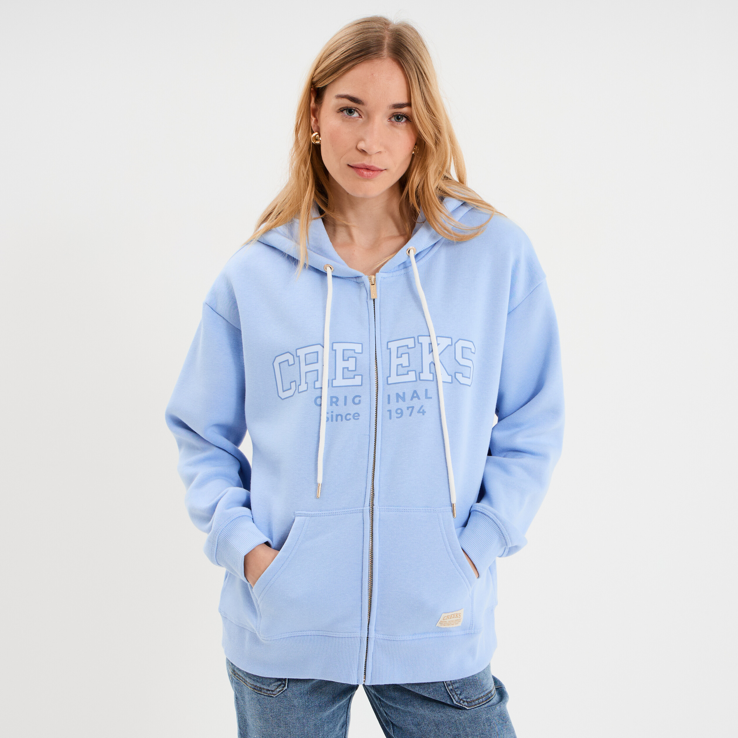 Sweat zipp&eacute; &agrave; capuche bleu lavande femme