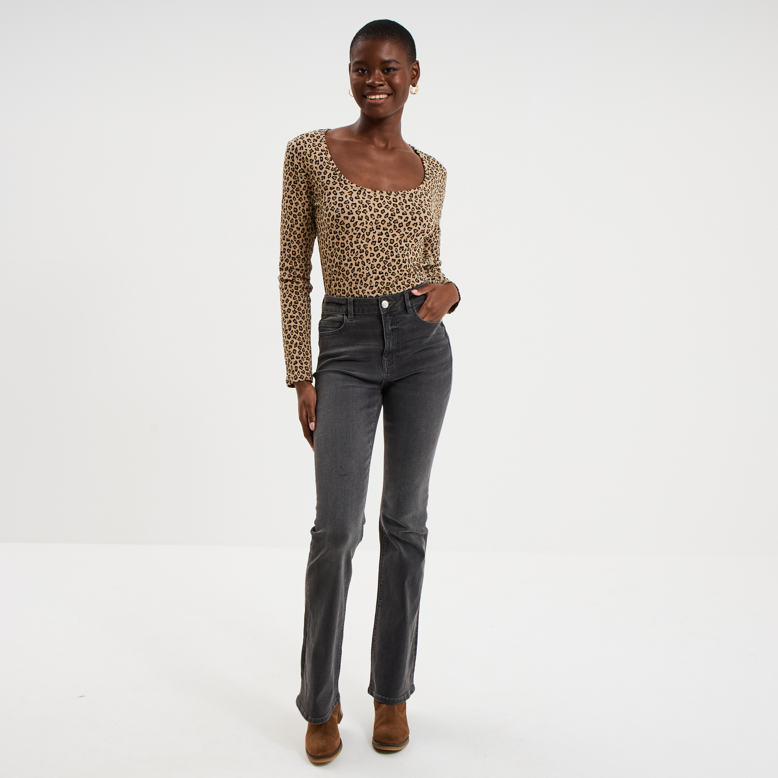 T-shirt coton stretch manches longues beige femme