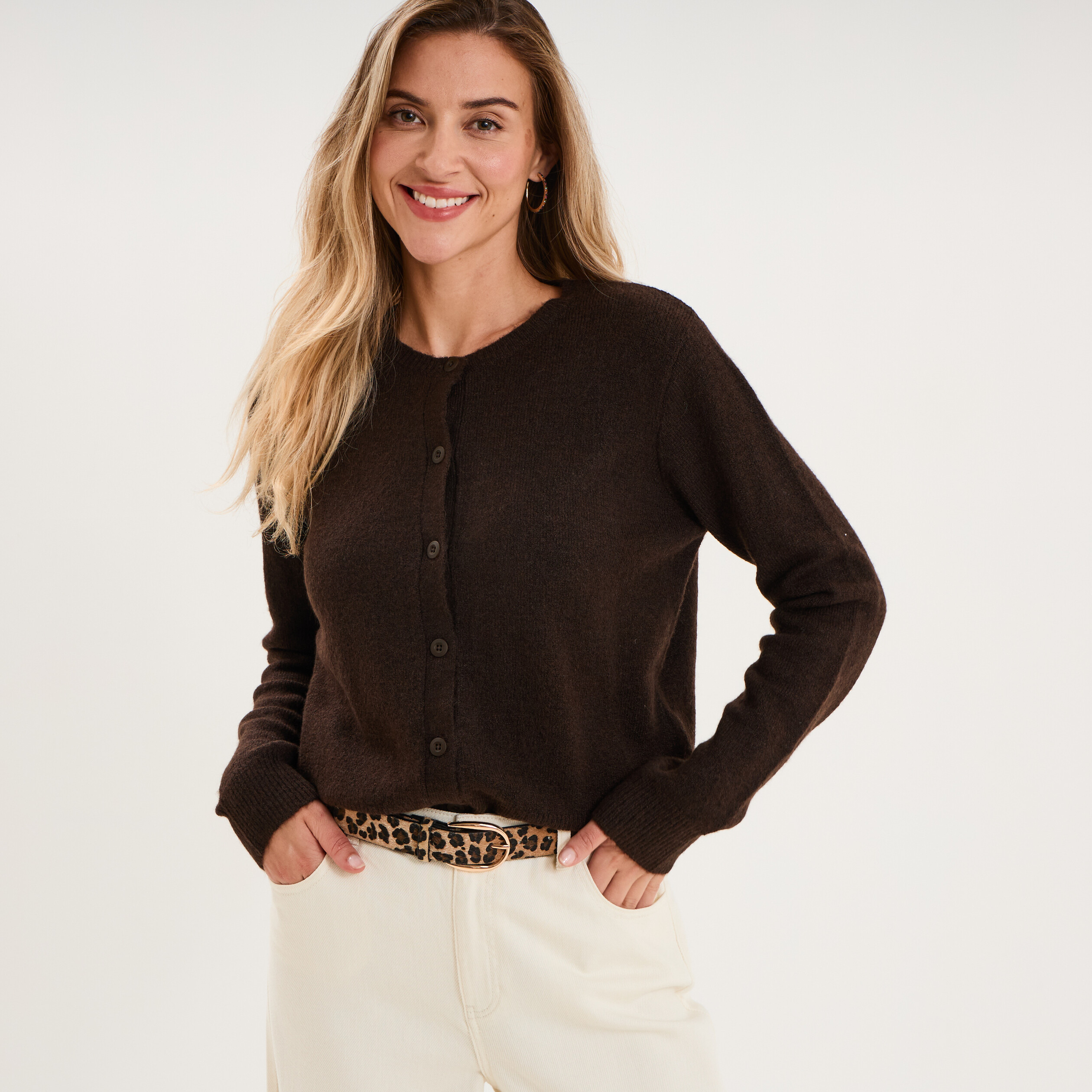 Gilet col rond manches longues marron fonc&eacute; femme