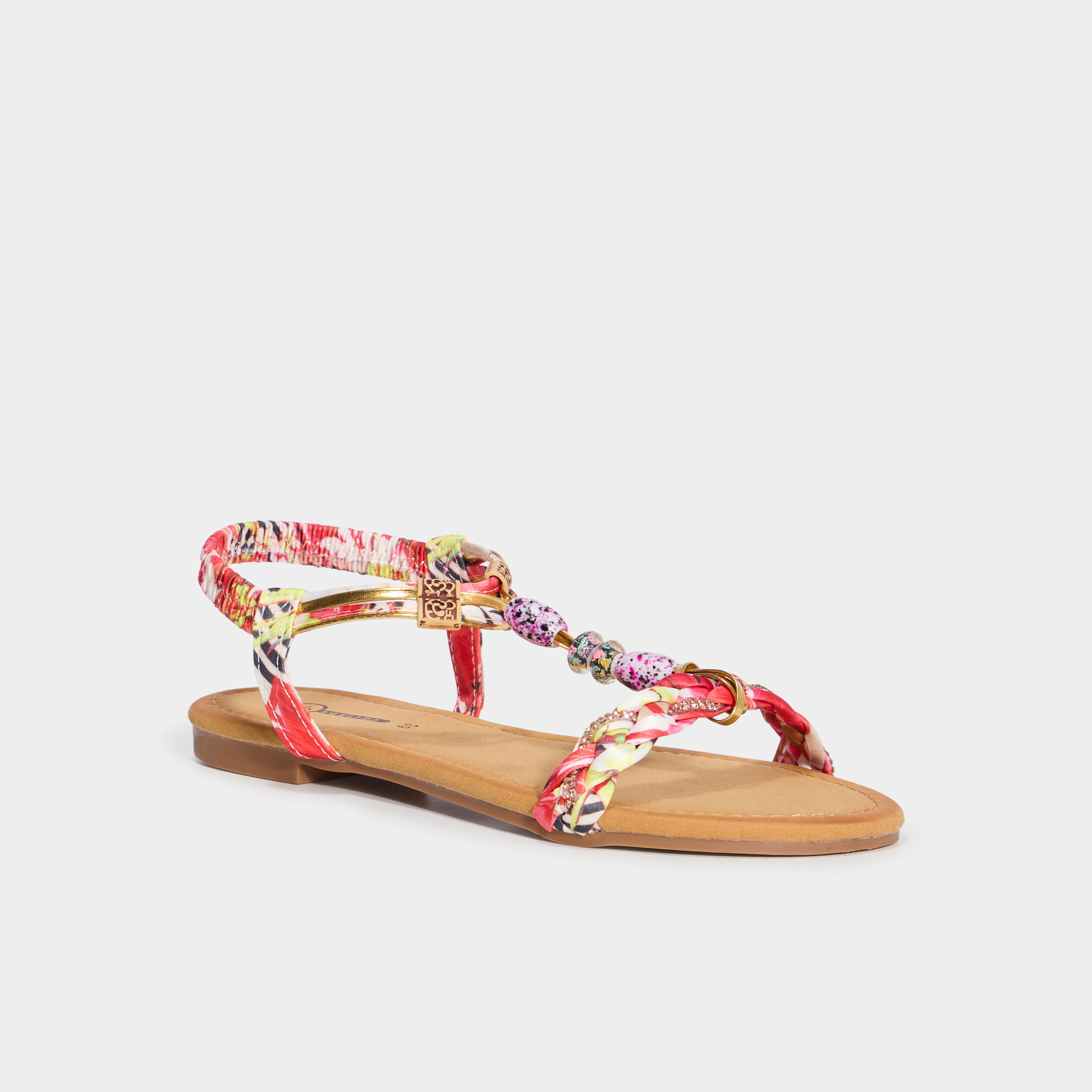 Sandales foulard et perles &eacute;lastiqu&eacute;es rouge femme