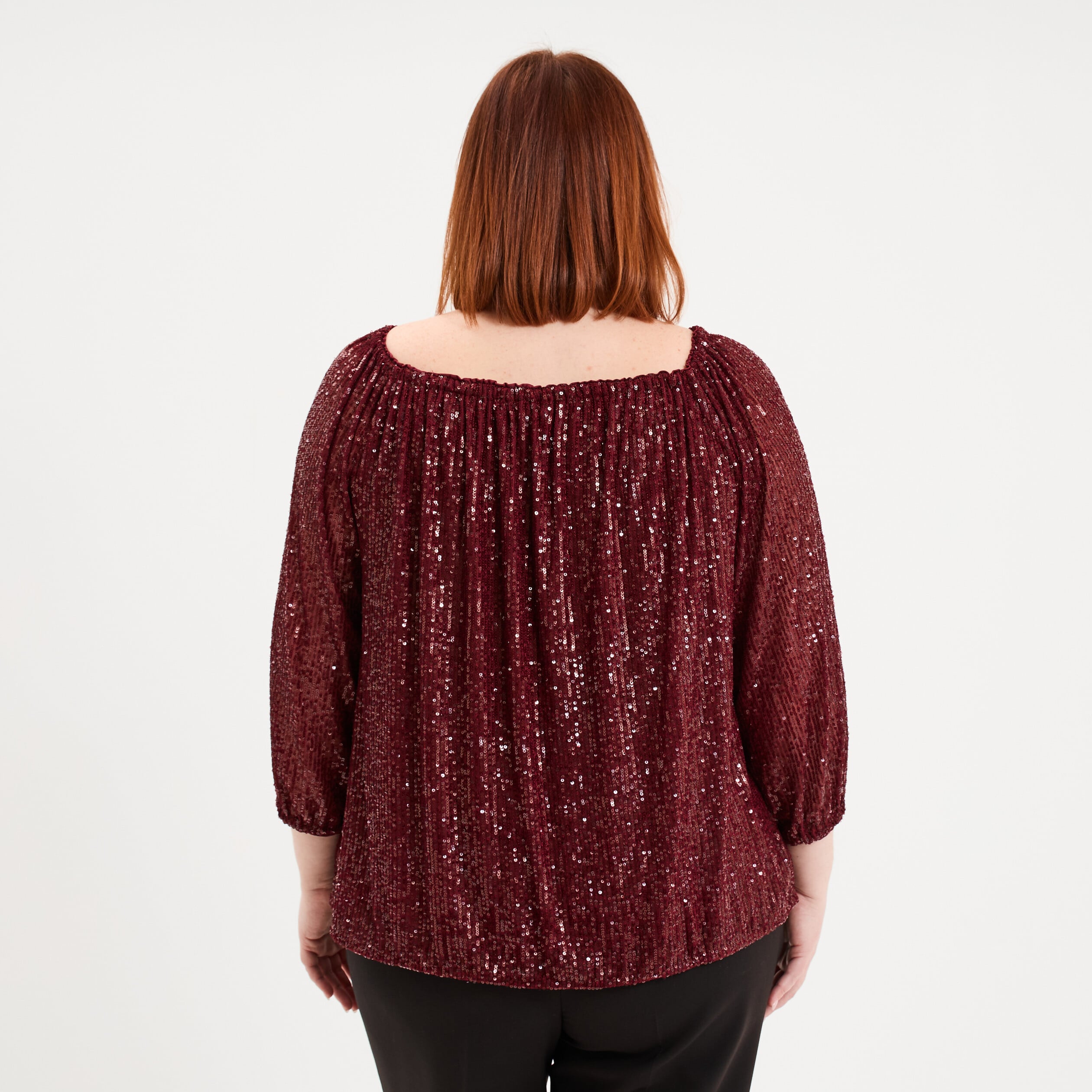 Blouse &agrave; sequins col bardot manches 3/4 rouge fonc&eacute; femme grande taille