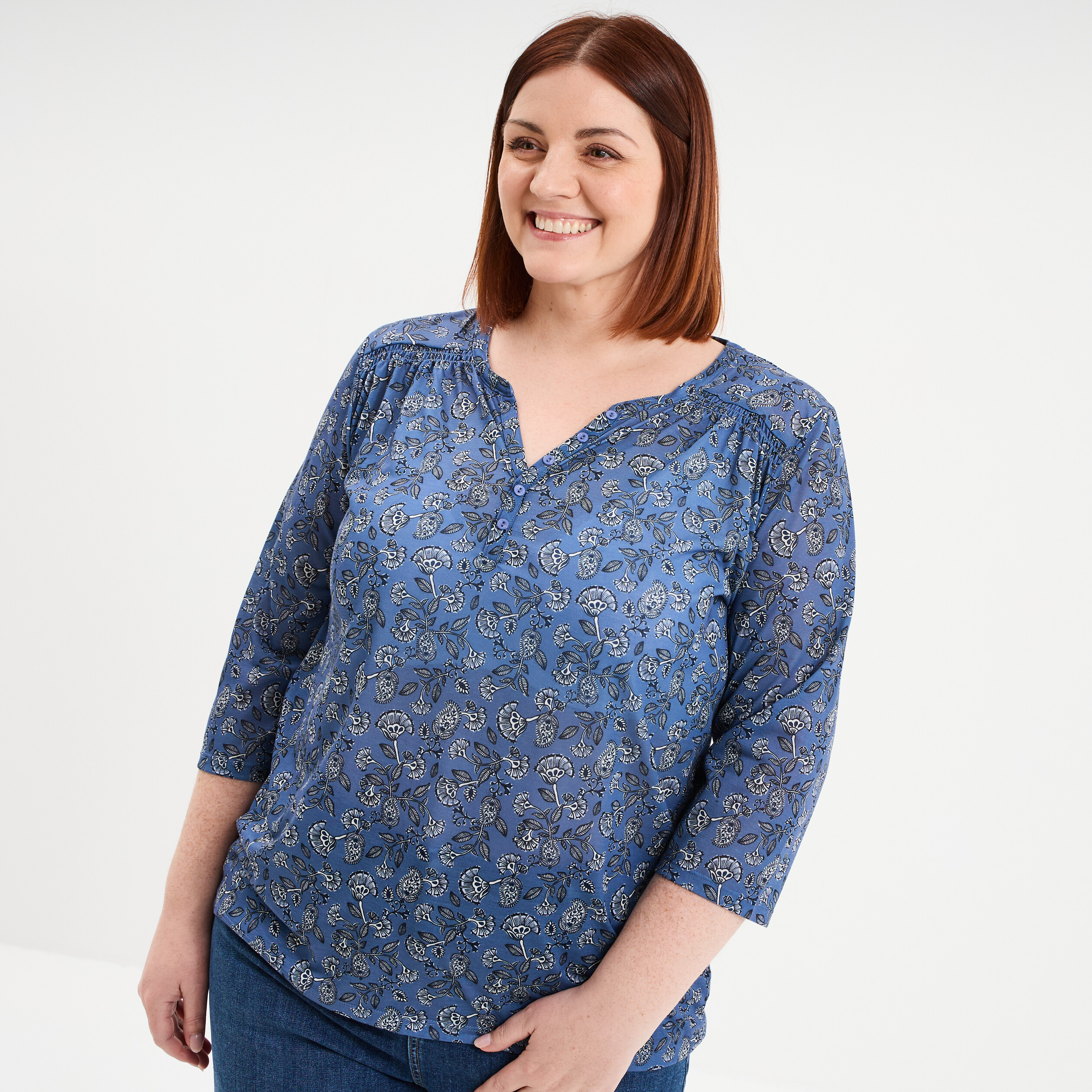 T-shirt col tunisien manches 3/4 bleu gris femme grande taille
