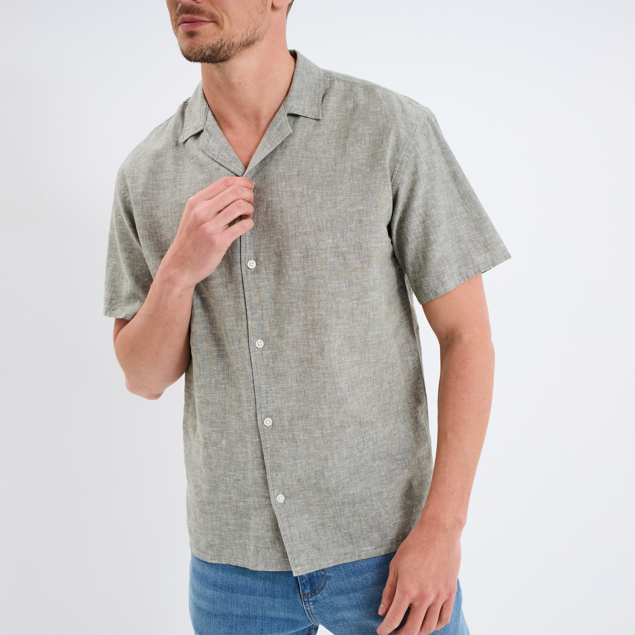 chemise manches courtes melange lin vert kaki homme Chemise manches courtes mélange lin vert kaki homme