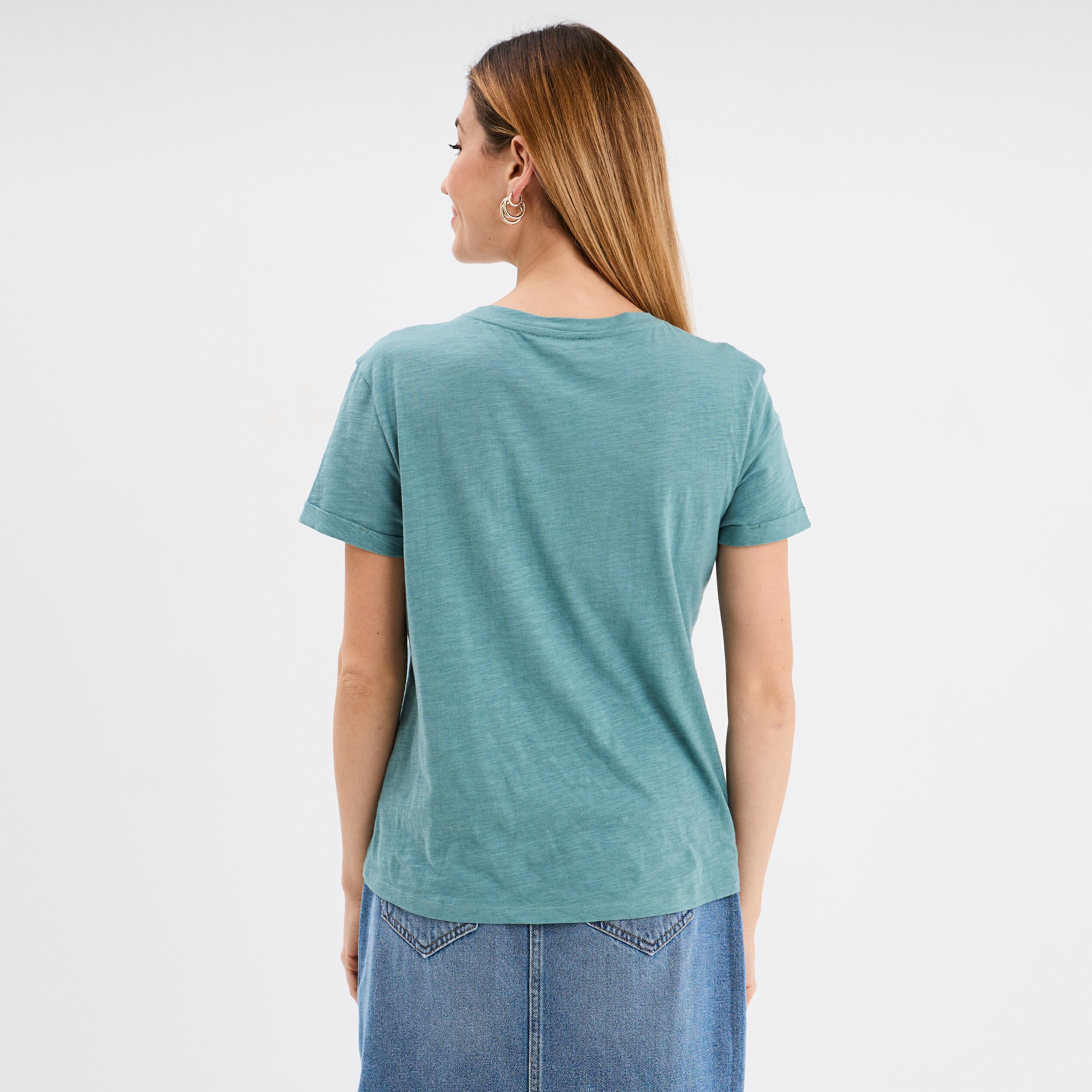 t shirt manches courtes coton vert canard femme T-shirt manches courtes coton vert canard femme