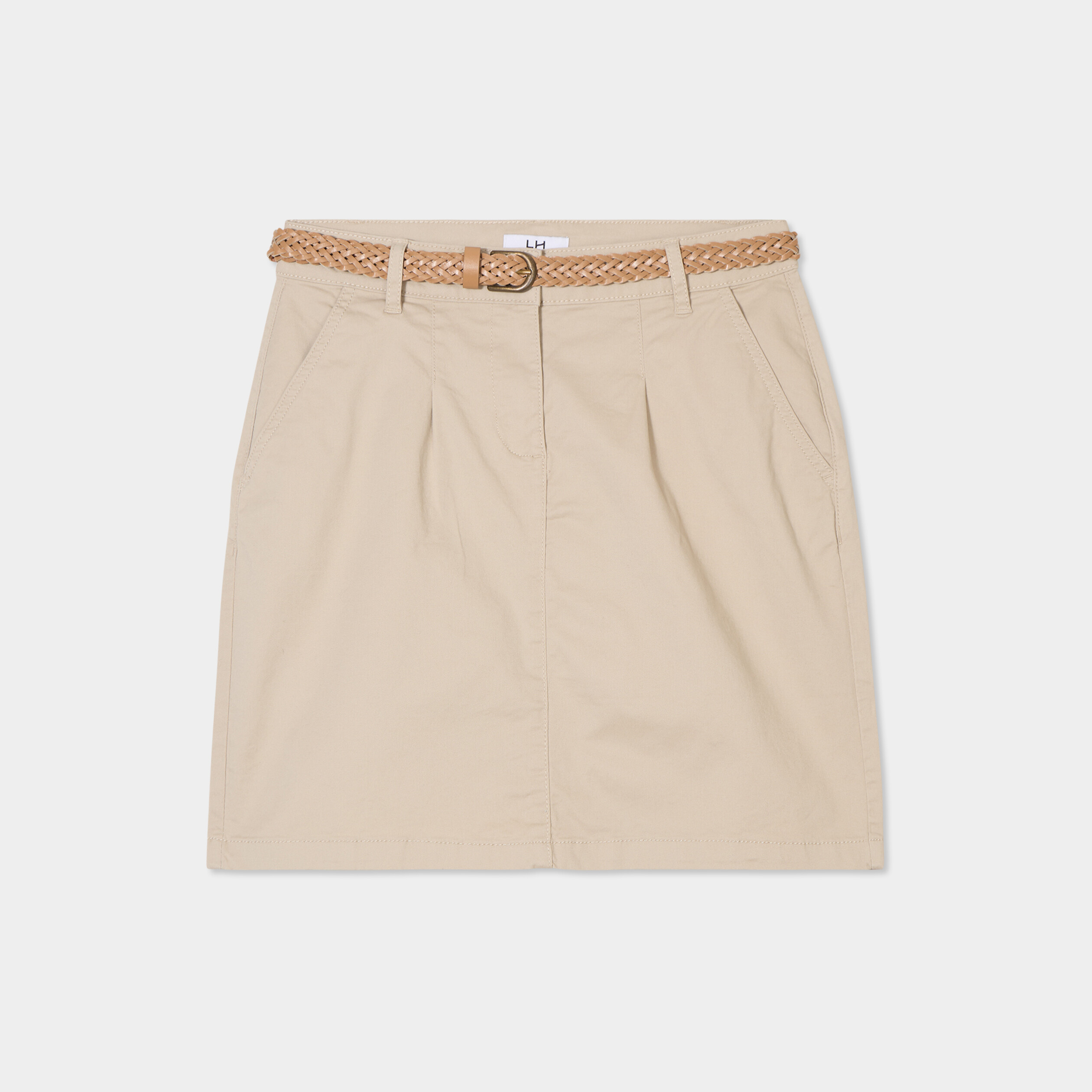 jupe chino droite ceinture tressee beige femme Jupe chino droite ceinture tressée beige femme