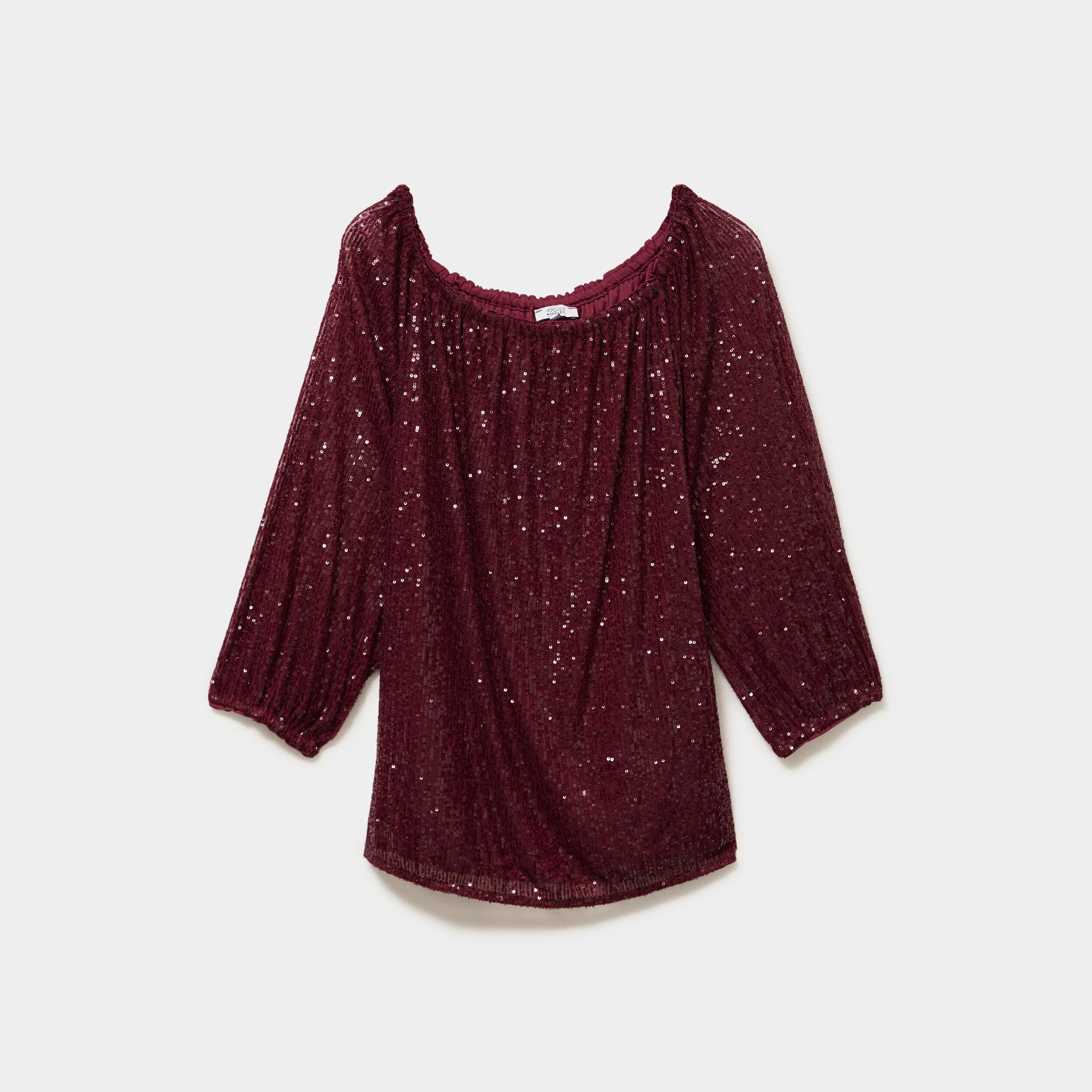 Blouse &agrave; sequins col bardot manches 3/4 rouge fonc&eacute; femme grande taille