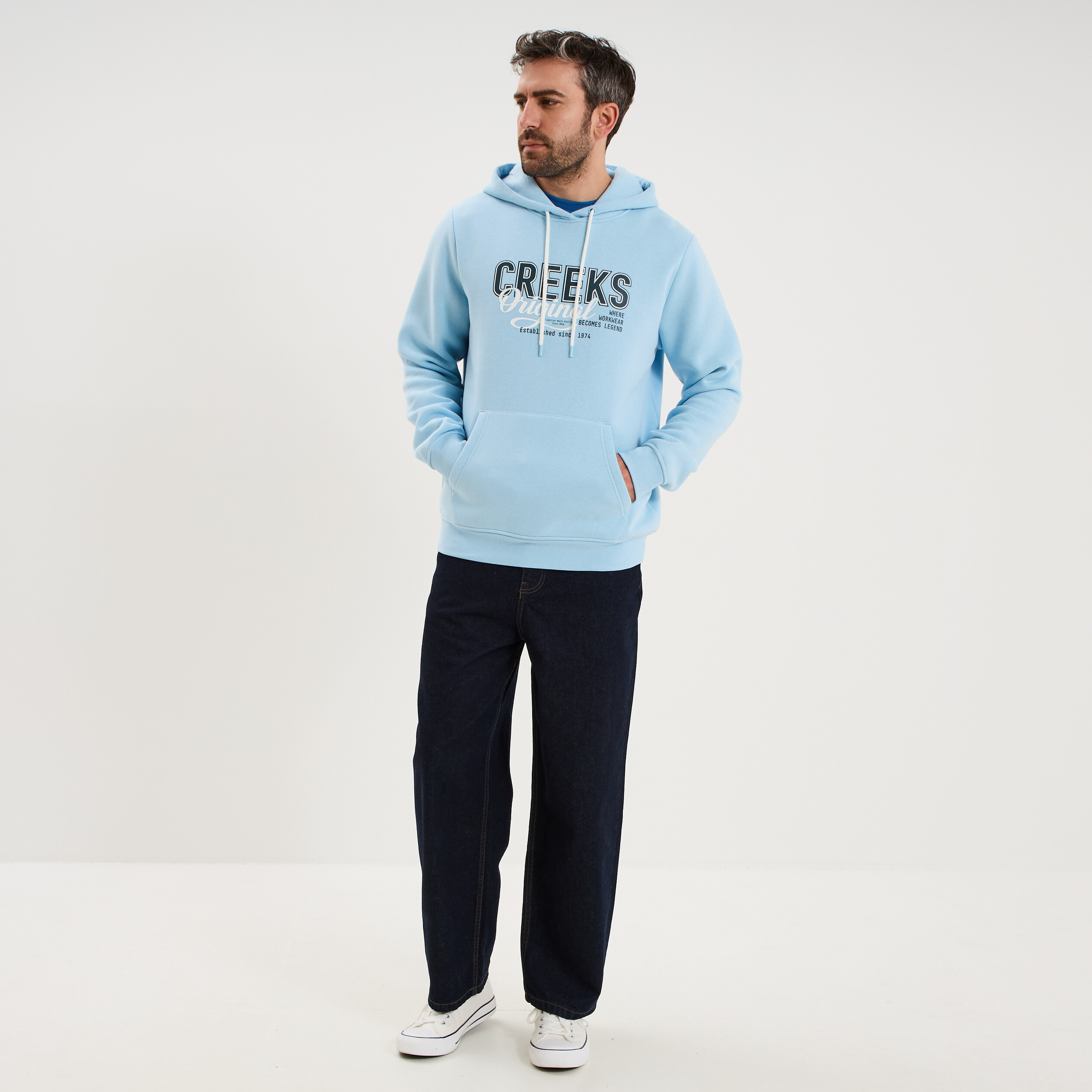 Sweat hoodie 1 poche et capuche bleu clair homme
