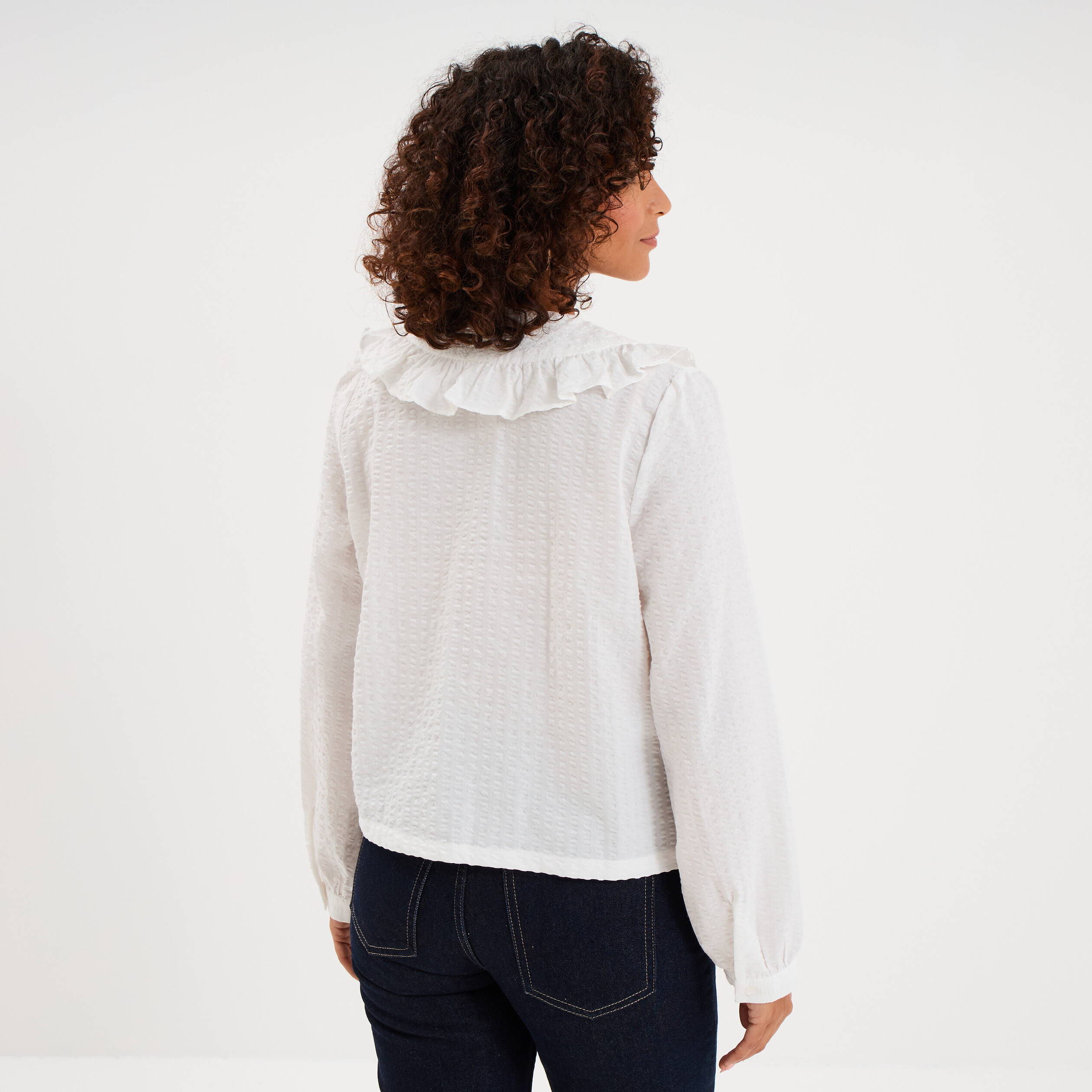 Chemisier Vintage Blanc En Coton Fin - Col Claudine, Manches Longues, Plis Religieuse - Taille S, Occasion Très Bon état