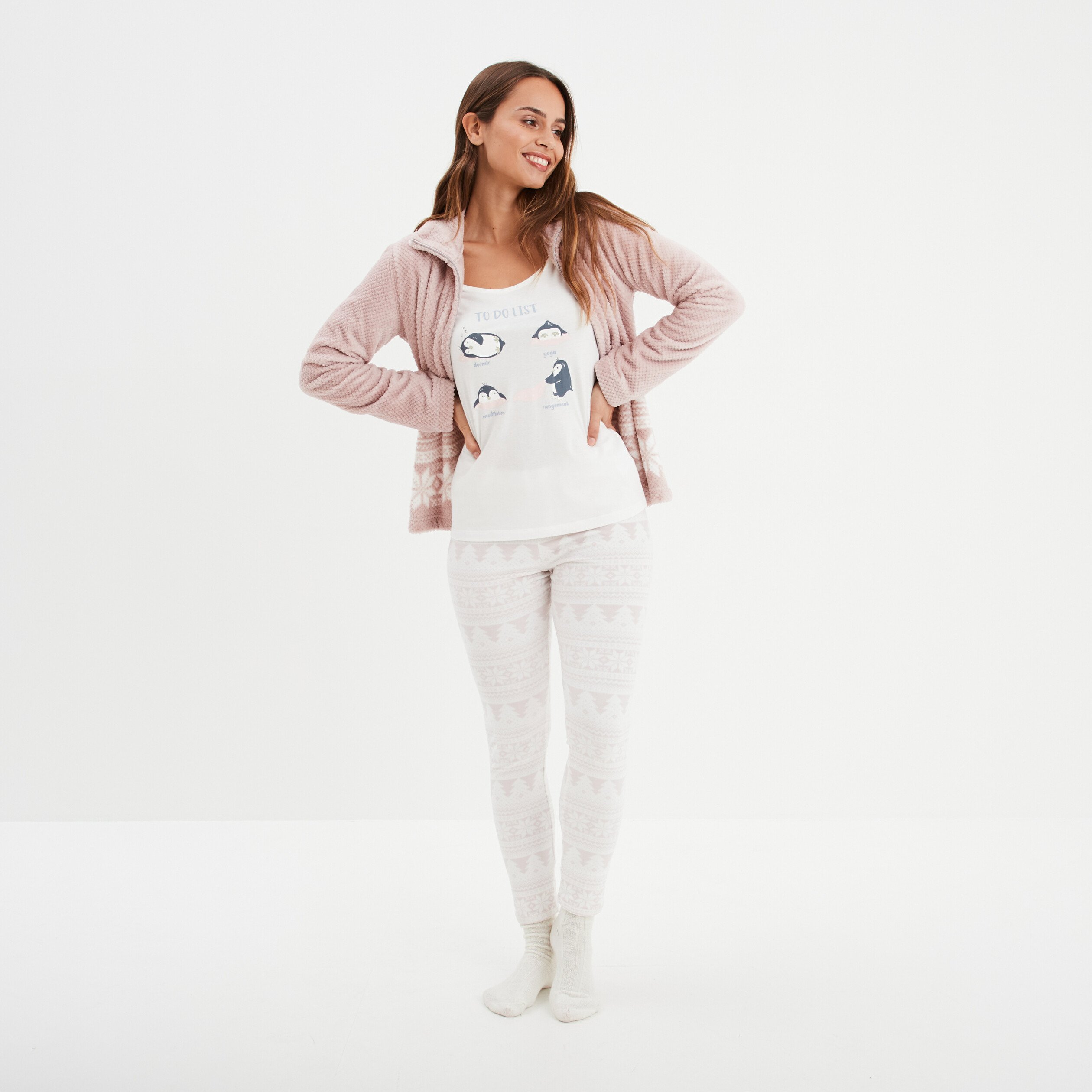 Ensemble pyjama effet polaire 3 pièces rose pastel femme