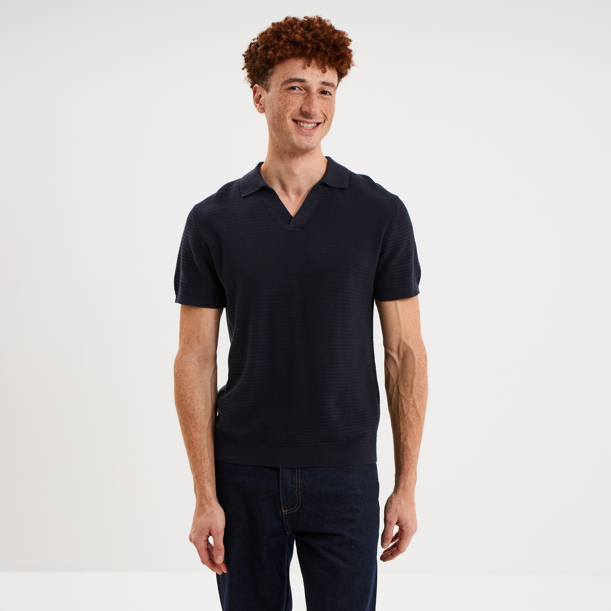 Polo manches courtes textur&eacute; coton bleu marine homme