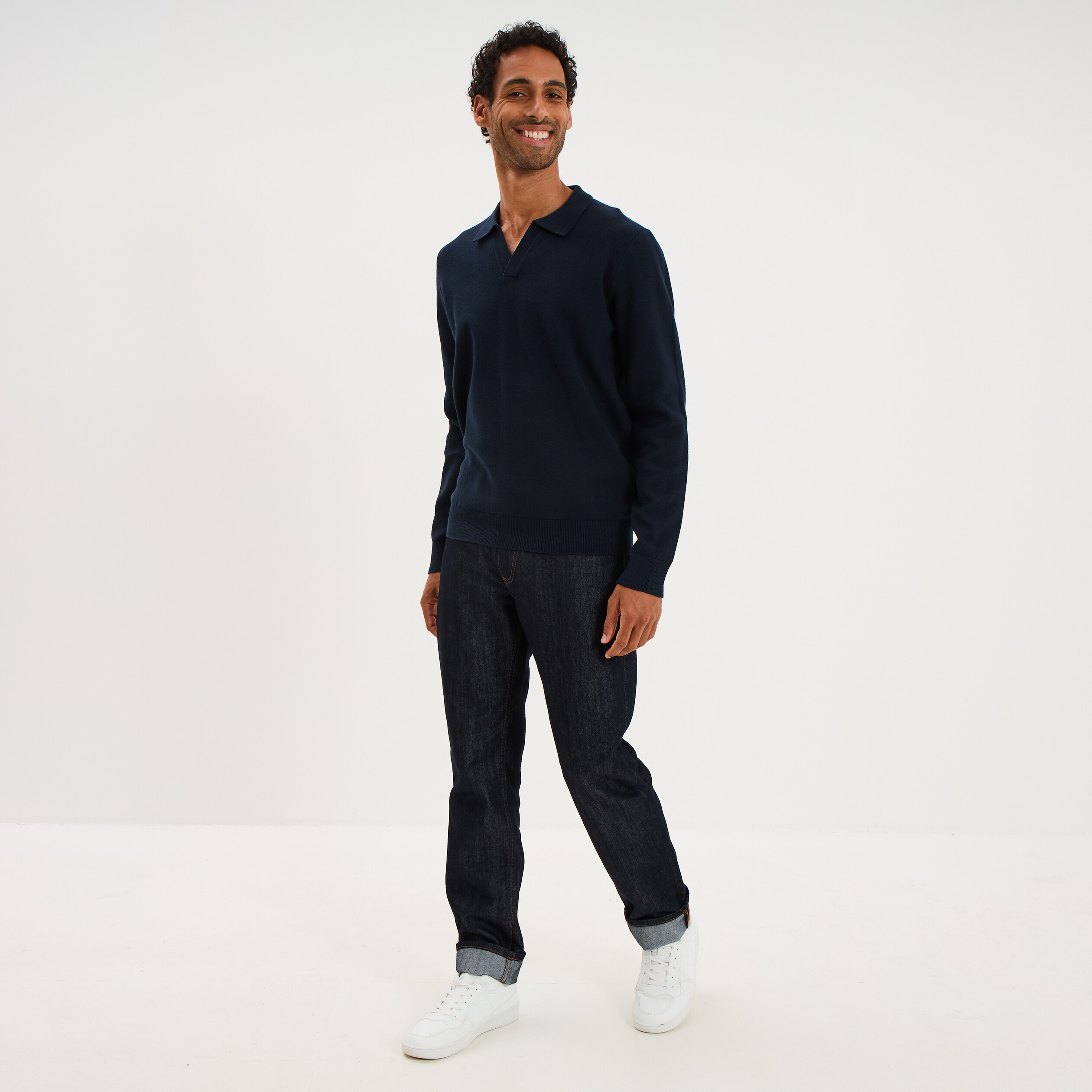 Pull col polo manches longues bleu marine homme