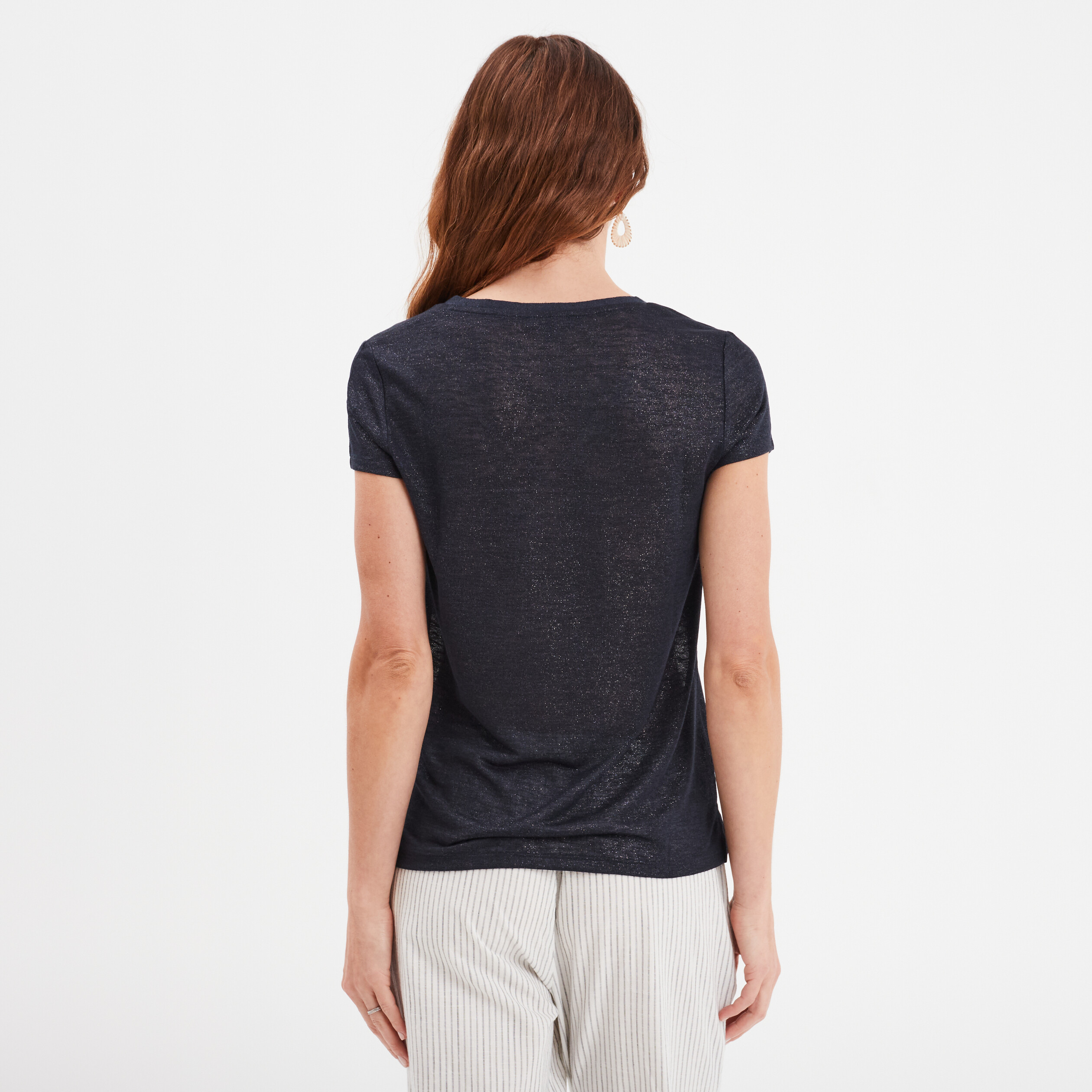 t shirt col en v a bande metallisee bleu fonce femme T-shirt col en V à bande métallisée bleu foncé femme